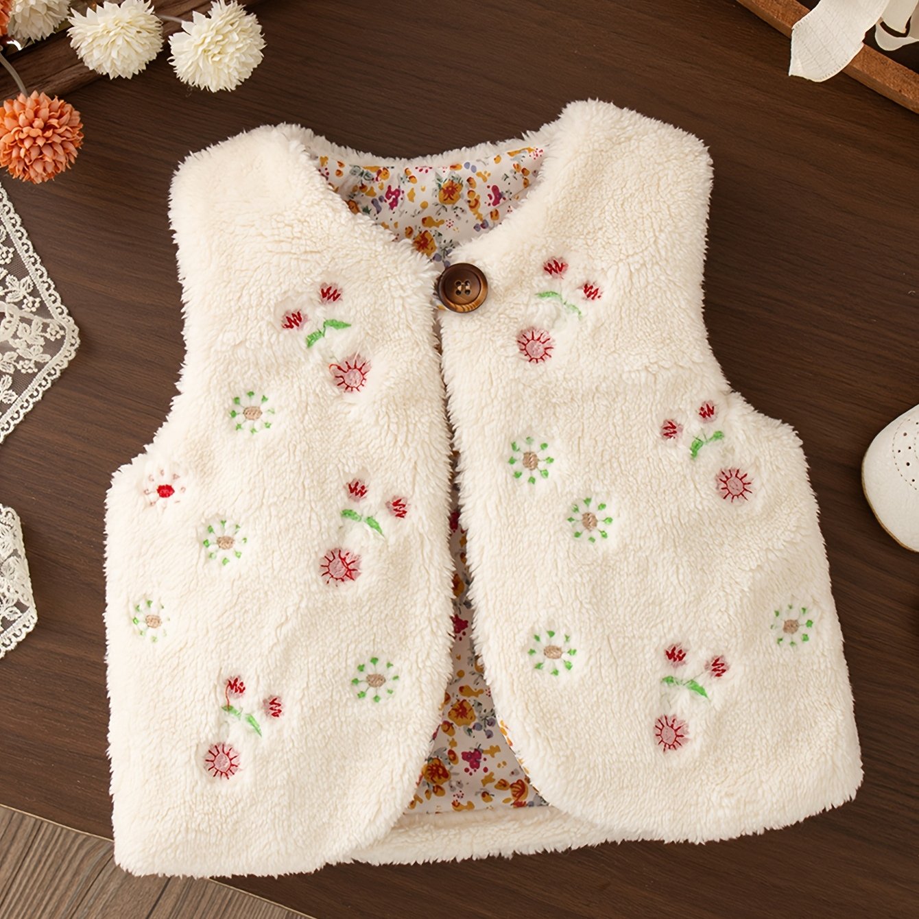 Image of New Baby Girl Autumn And Winter Fleece Vest Sweet Floral Embroidery Solid Button Baby Girl Fleece Vest Coat Autumn And Winter Little Girl Versatile Warm Vest, Girls' Gilet