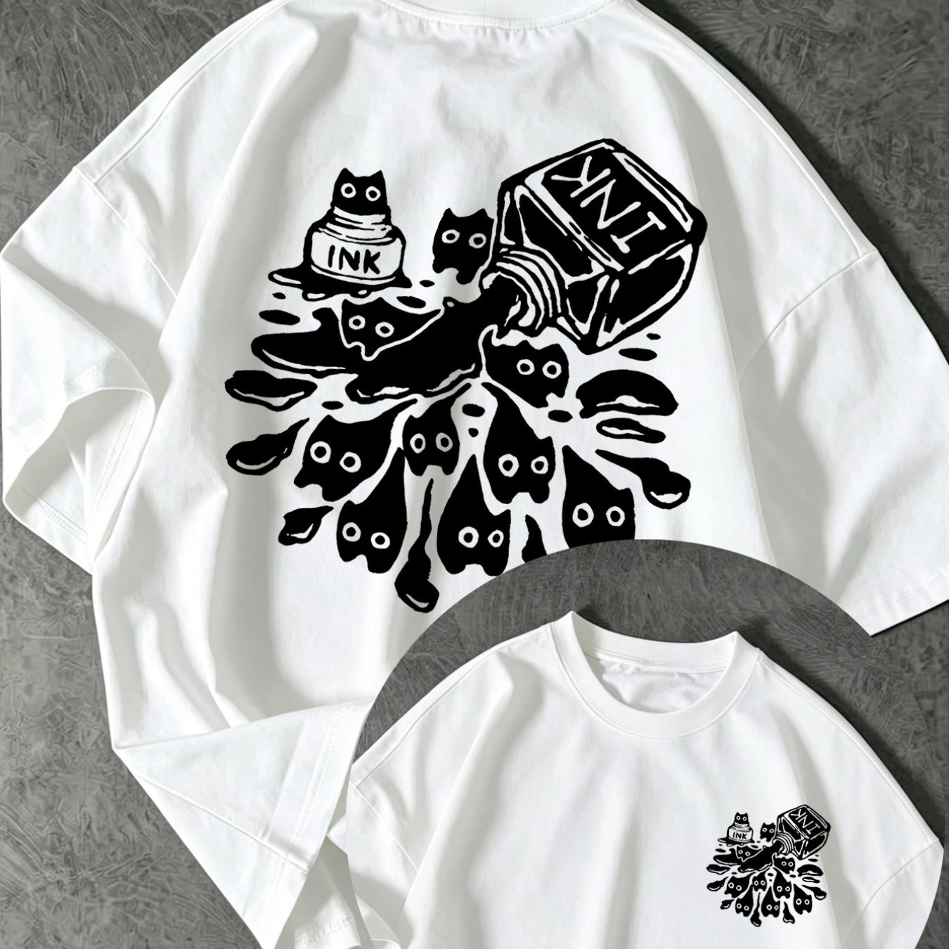 Image of Versatile Base Layer 's Loose T-shirt, Front And Back Double-sided Ink Flowing Multi-cat Round Neck Trendy Short Sleeve Top