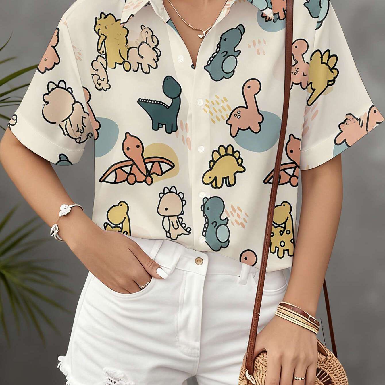 TEMU Women's Casual Short Sleeve Shirt, Soft Cute Dinosaur Print, Whimsical Illustration Pattern, Machine Washable Women's Top, Fashion Button-up