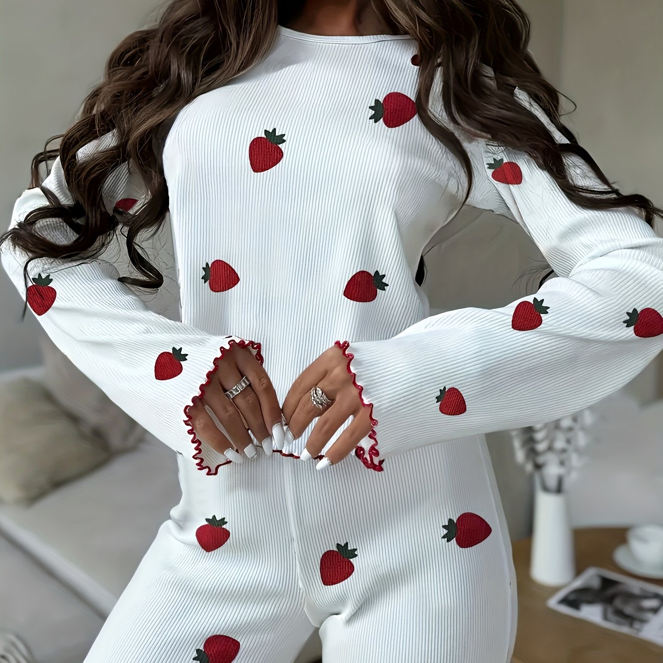 E-shop 2er-Pack Damen Herbst Pyjama, lässiger süßer Erdbeer-Print, langärmliger und Hose Damen Oberbekleidung Pyjama Set