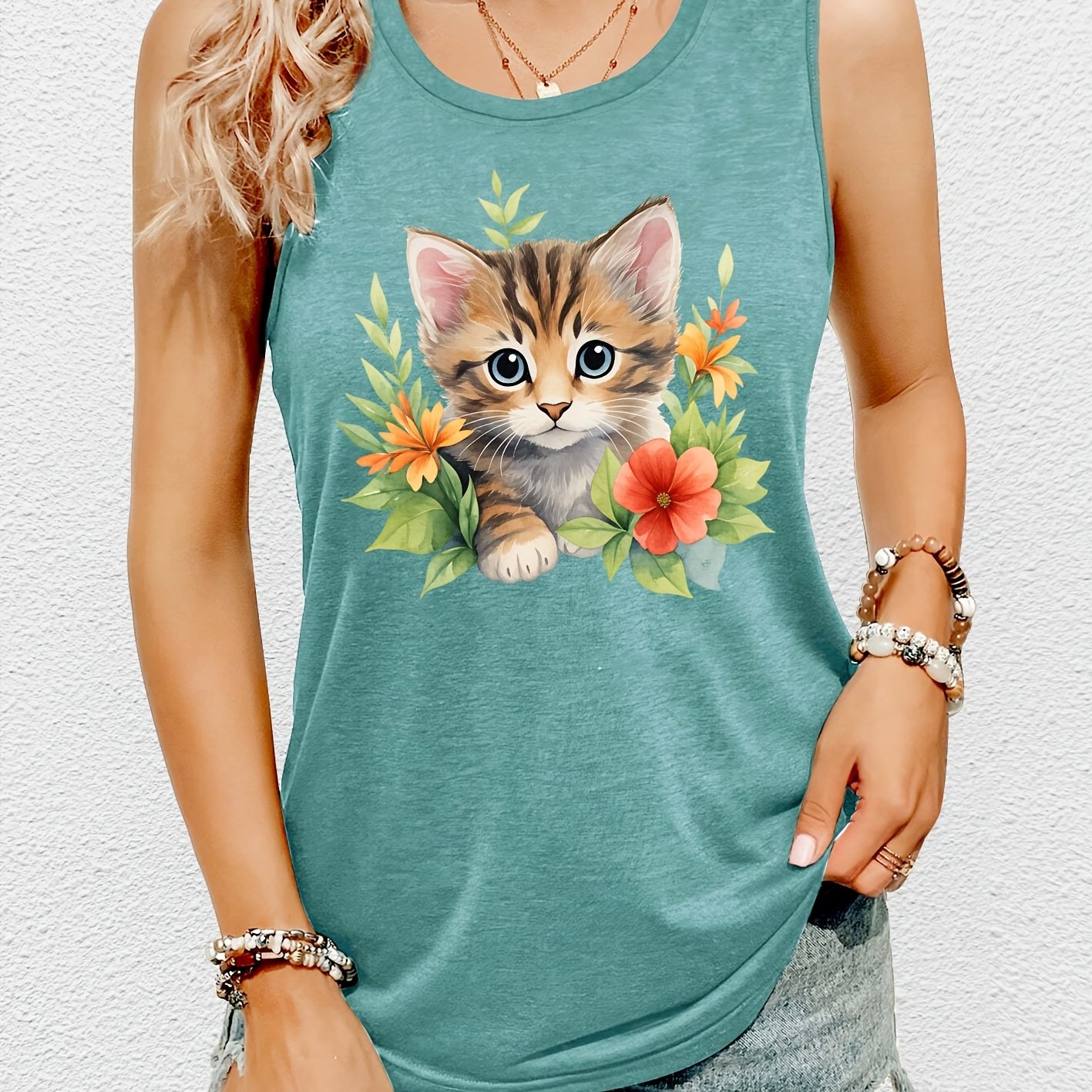 TEMU Cute And 's Tank Top Sleeveless Vest With Floral Kitten Realistic Cute Cat Print, Casual Leisure Style Fashion Retro, Spring Summer Casual