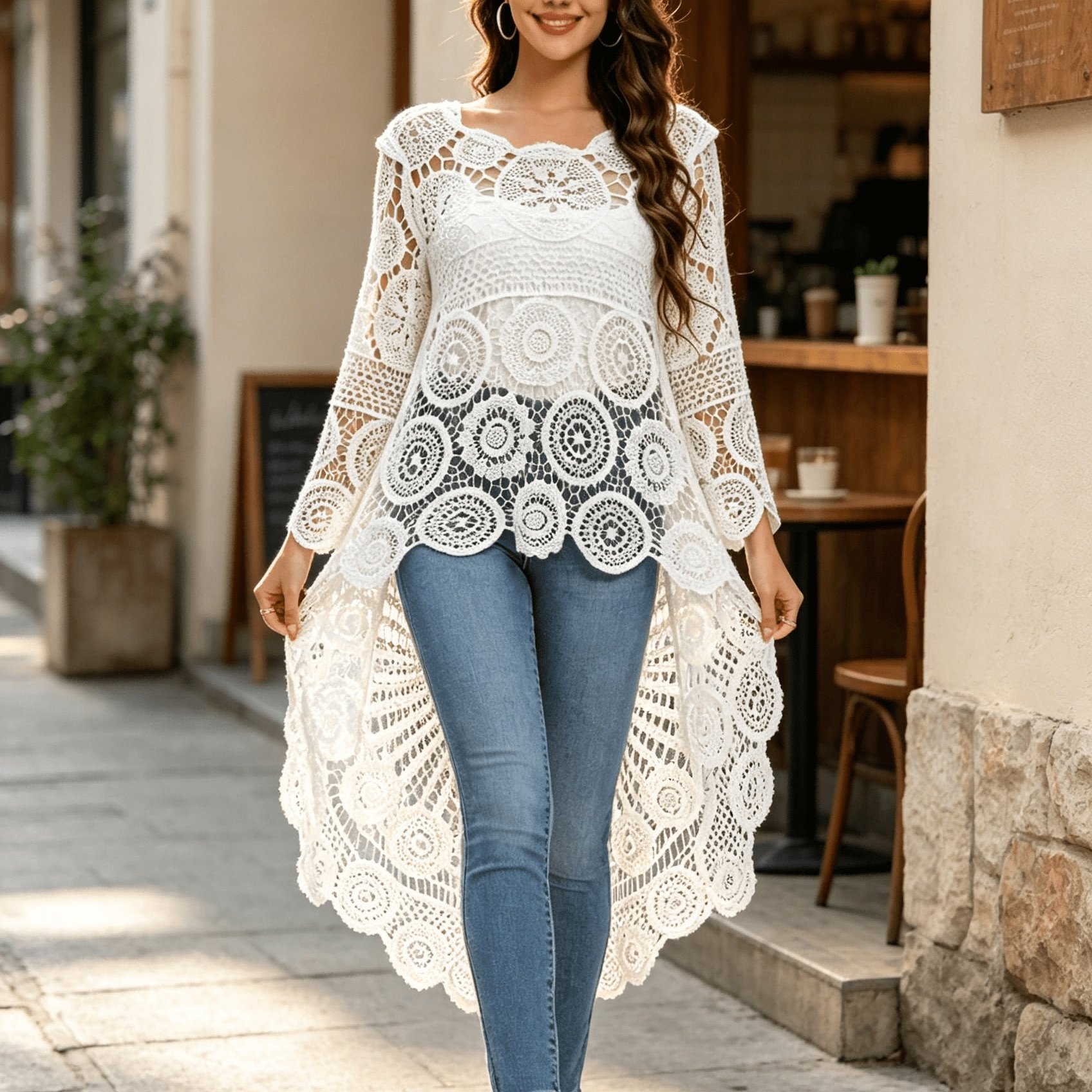 Image of Floral Pattern Hollow Out Bohemian -up, Long Sleeve Crew Neck Elegant High Low Beach Cover-up, Women's Swimwear And Resort Wear