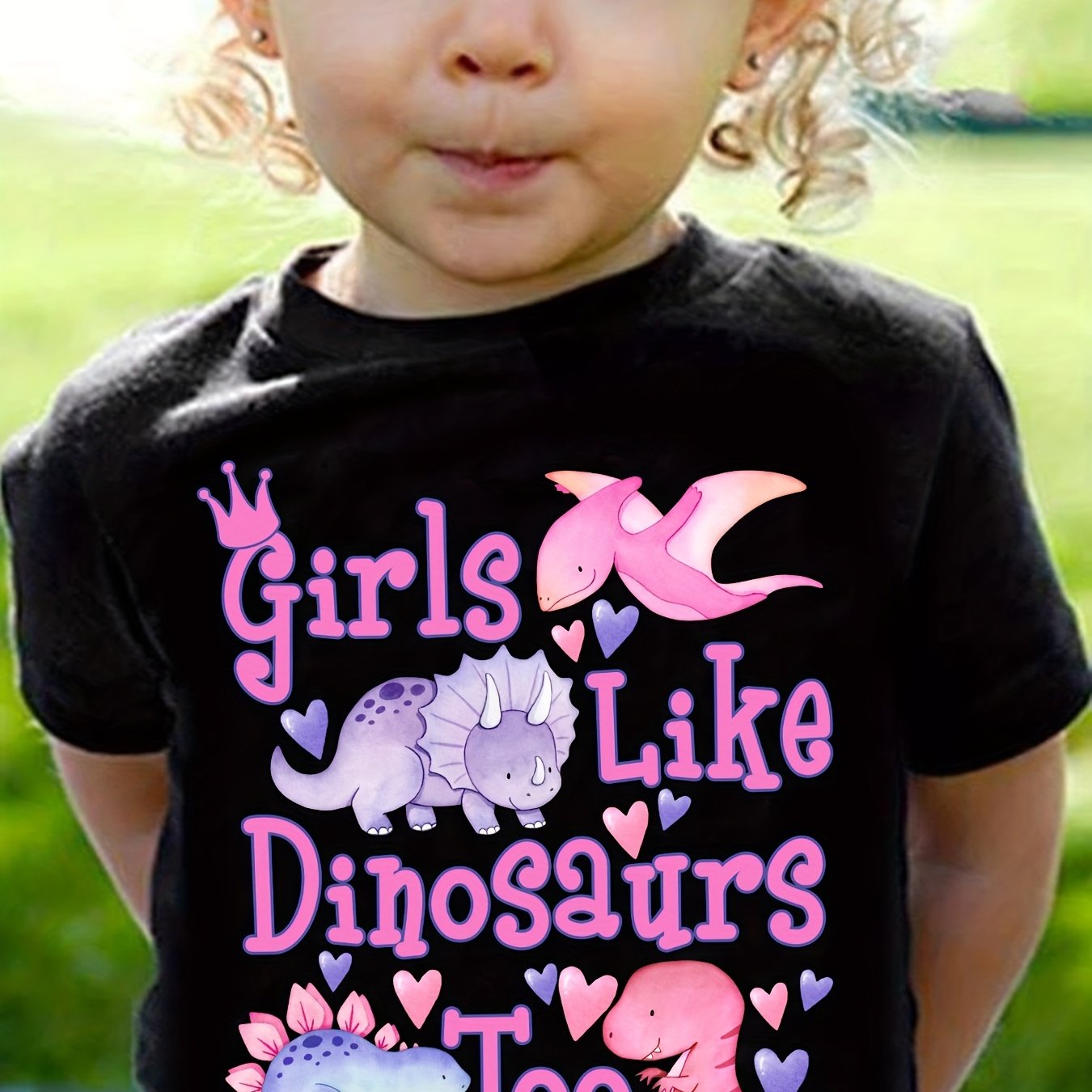 Image of Girls' Fashion T-shirt Girls Like Dinosaurs Too Dinosaur Print Cute Short Sleeve T-shirt Casual Top