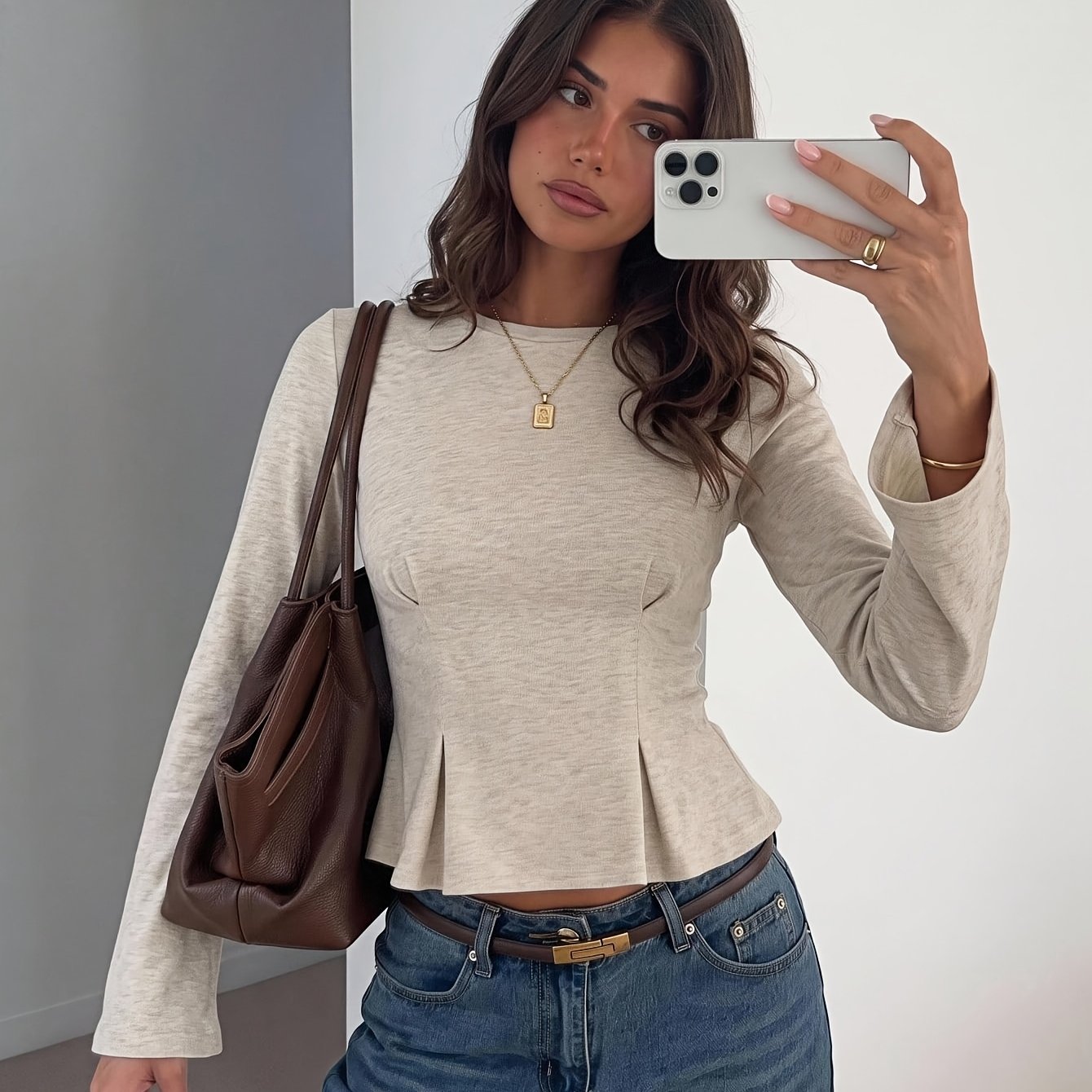TEMU Camiseta corta de larga para mujer, de cuello y cintura ajustada, nueva llegada de otoño, elegante