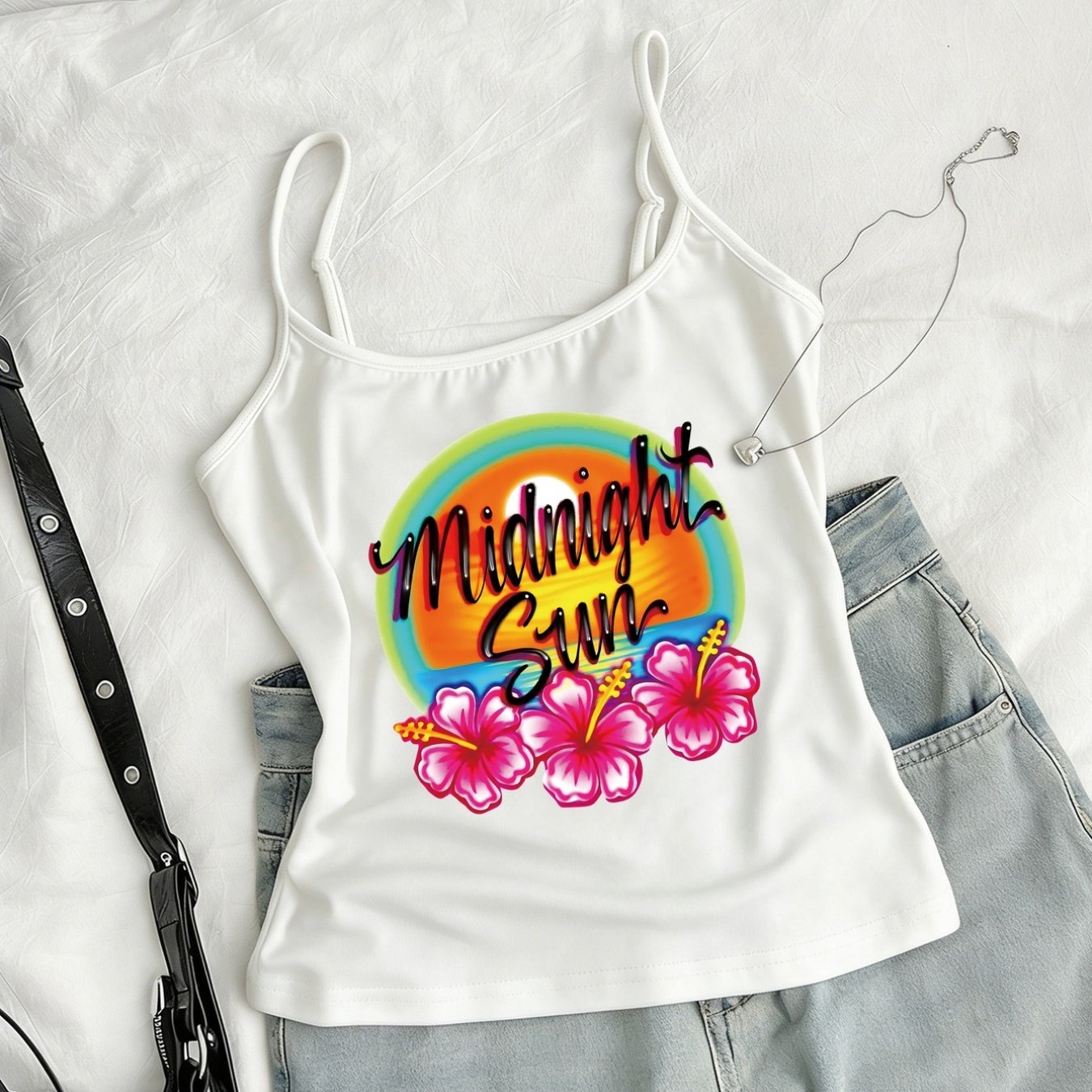 TEMU Round Neck Camisole With Sun, Pattern, Y2k Retro Hot Outfit, Adjustable Straps, Women's Summer New Style Short Camisole, Casual, Sexy, Street