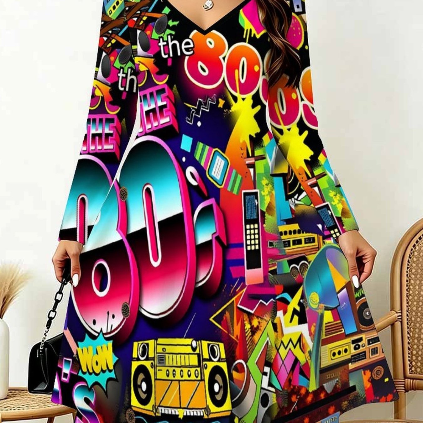 Image of Plus Size - Elegant Fashion Women's V-neck Long Sleeve Dress. Plus Size Friendly With Asymmetrical To Highlight Feminine , Full Body Multi-element Print. Perfect Commutes, Trips, Dates, And Holidays