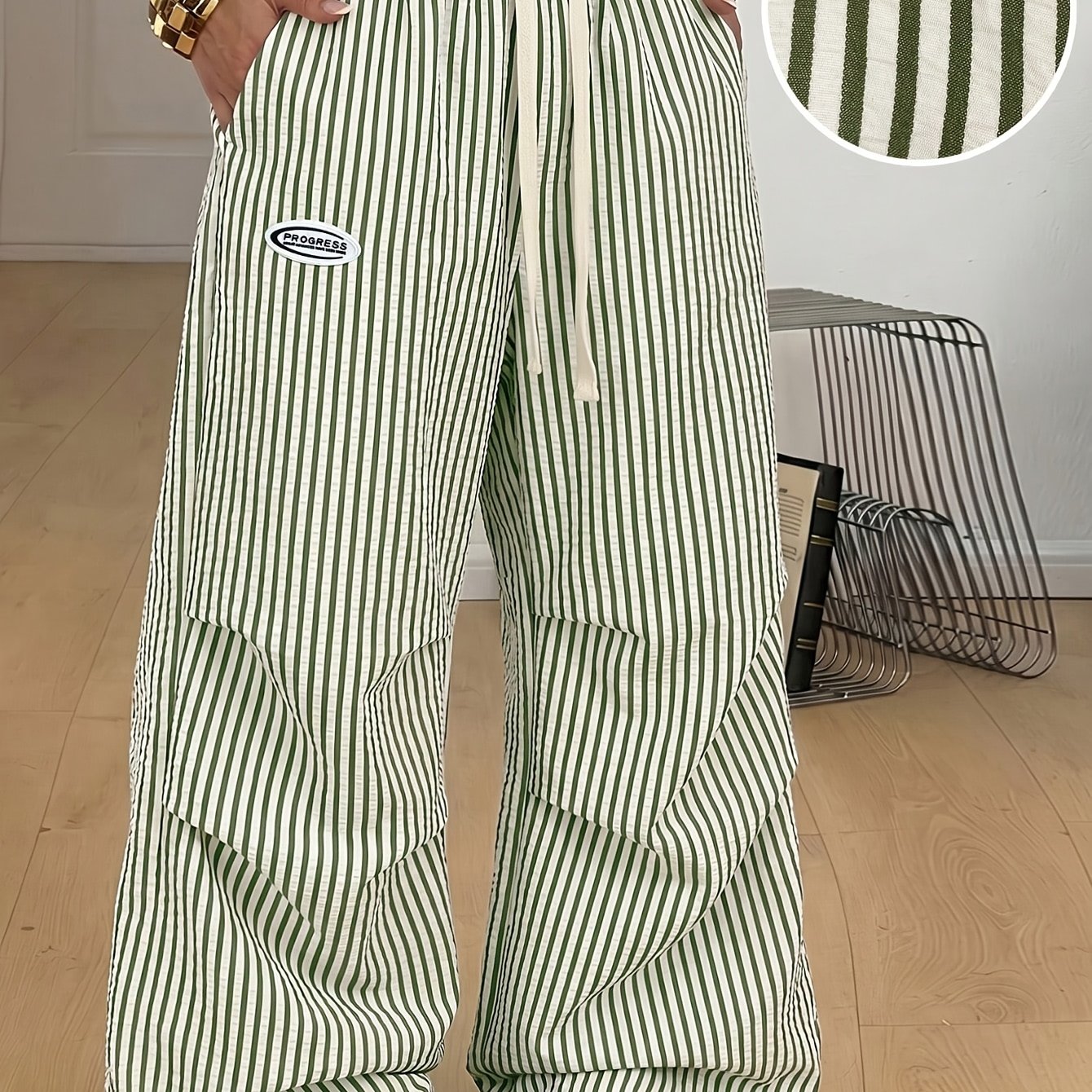 TEMU Women's Spring Summer Street Casual Solid Striped Wide-leg Pants