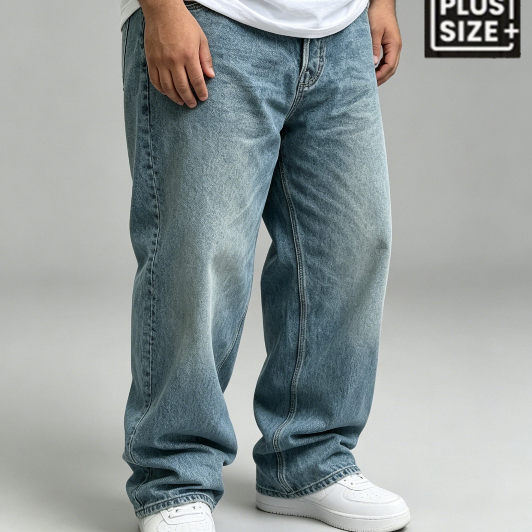 Hme Men's Plus Size Light Wash Wide Leg Jeans Loose Straight Casual Denim Pants
