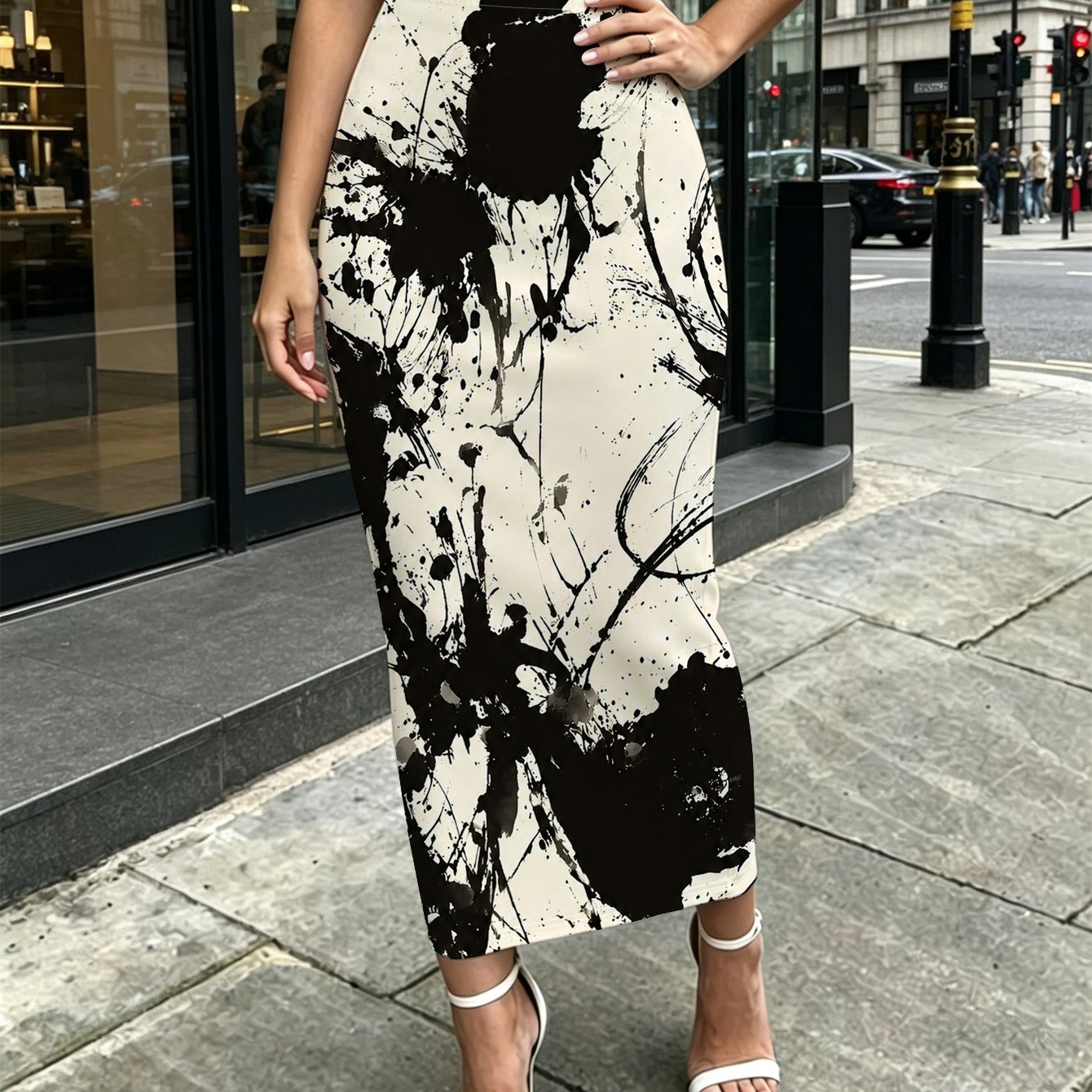 TEMU Abstract Ink Splash Women's Printed Medium To Long Tight Fitting Hip Hugging Skirt Living Room Travel Outdoor Party Casual Wear