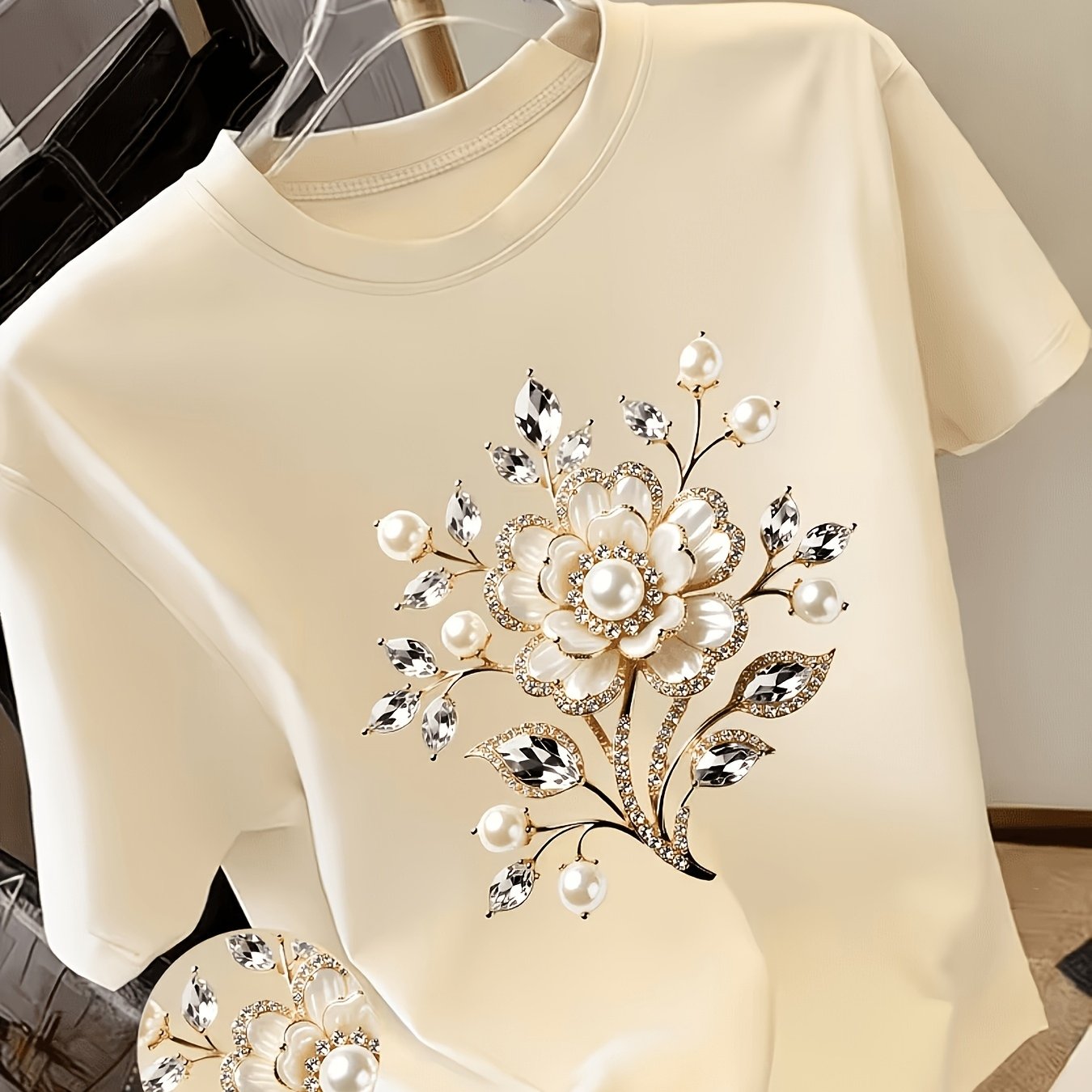 TEMU [circle] Women's Y2k Pearl Floral T-shirt - Breathable Lightweight Round Neck Top With Pearl & Suitable For Spring Summer Wardrobe, Casual For