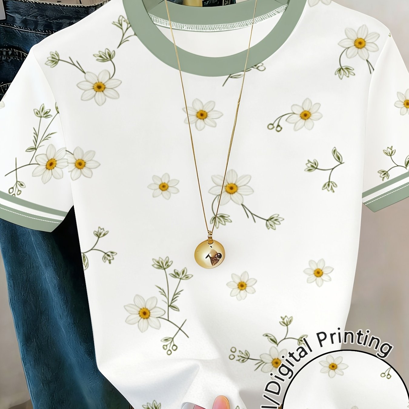 TEMU Fashion Printed Summer Casual Women's Crew Neck Short Sleeve T-shirt, Elegant Breathable Soft Slim Fit Versatile Daily Tops