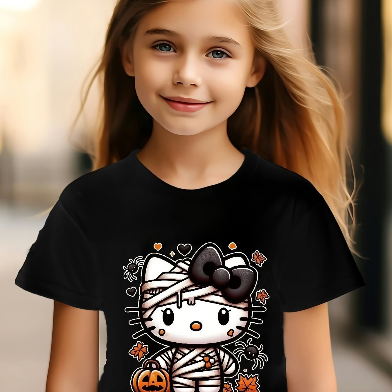 TEMU 's For Hello Kitty Halloween Graphic T-shirt For Girls Features A White Short-sleeve Round-neck Design With A Black Bow And Pumpkin Motif. Made