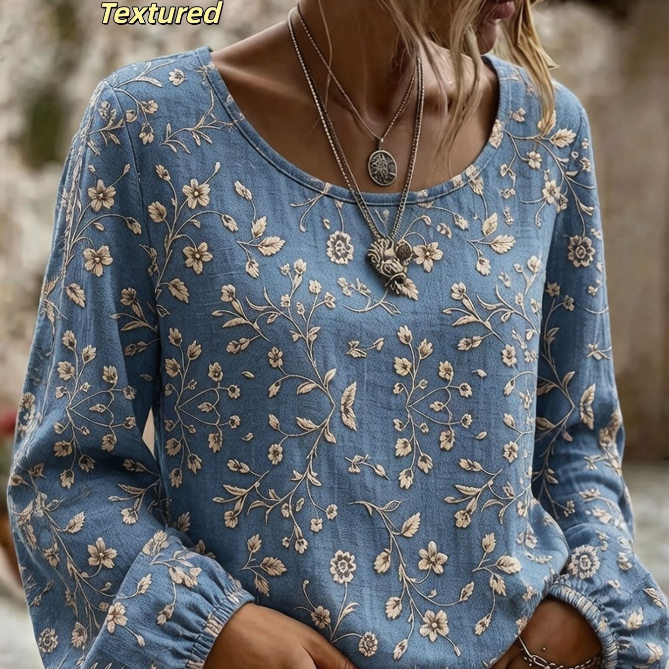 Image of Plus Size - New Arrival Women Round Neck Lantern Cuff Top Cream Floral Branch Print Loose Blouse Comfortable Breathable Daily Clothing Recommended Gift For Ladies
