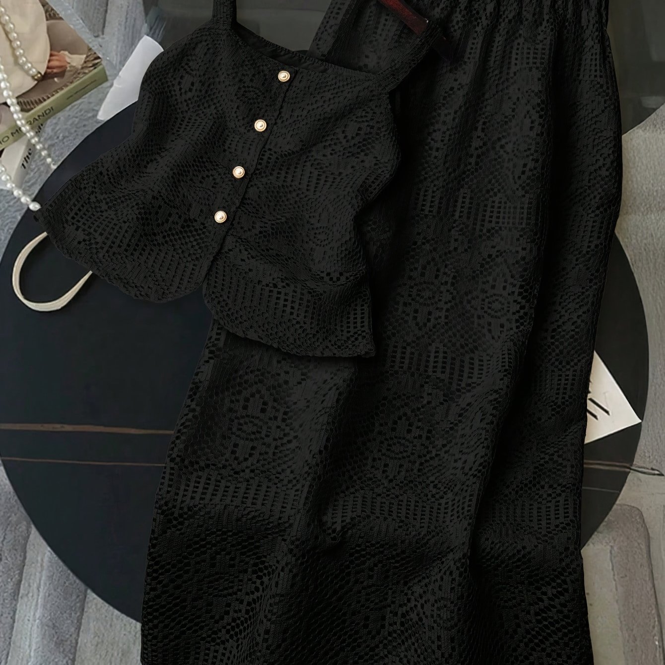 TEMU H1016 Spring Summer New Women's Clothing Black Sling Half Skirt Two-piece Set Lace Splicing Daily Wear Set