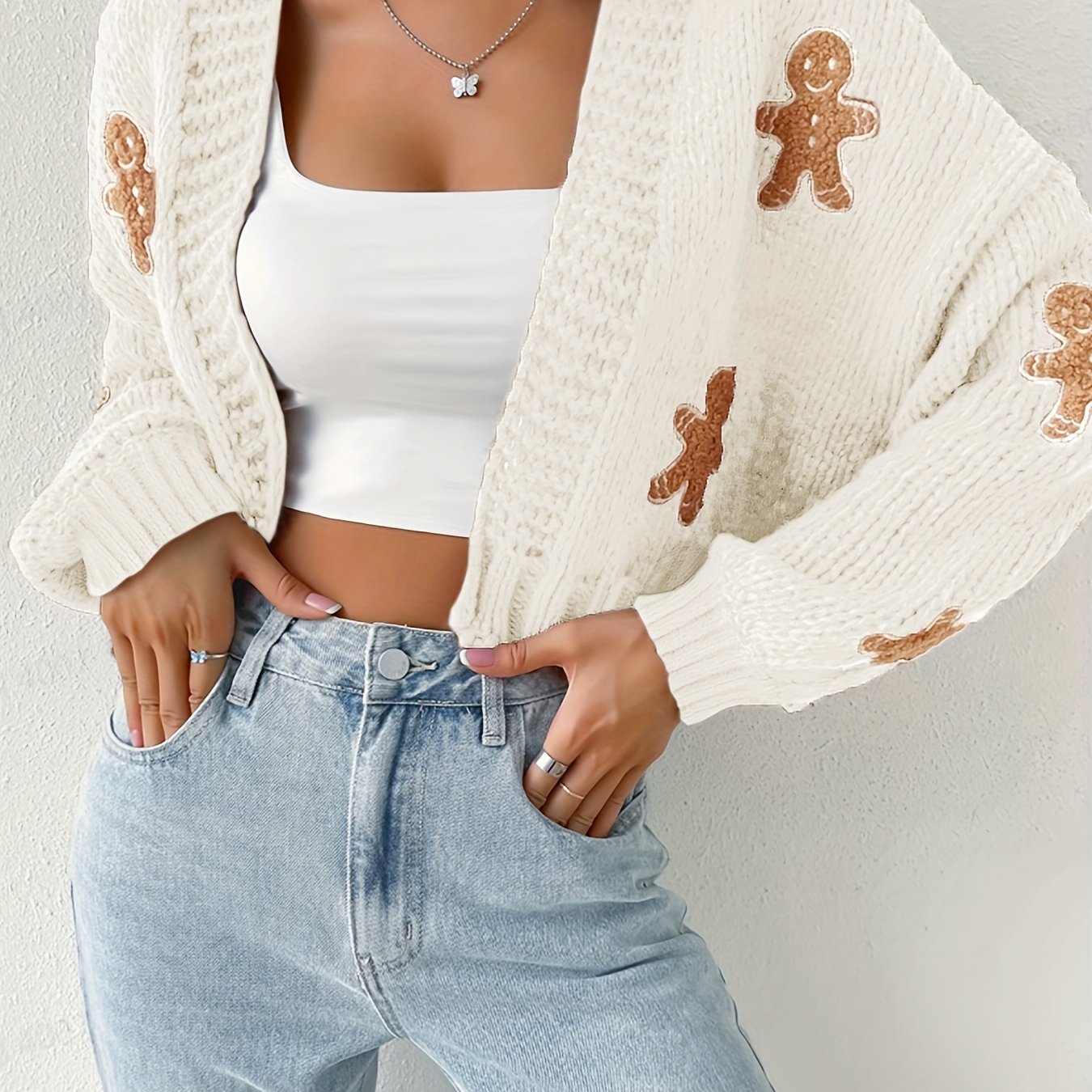 Image of Women's Long-sleeve Cardigan Sweater With Short Cookie Pattern Knitwear For Spring, Autumn, And Winter