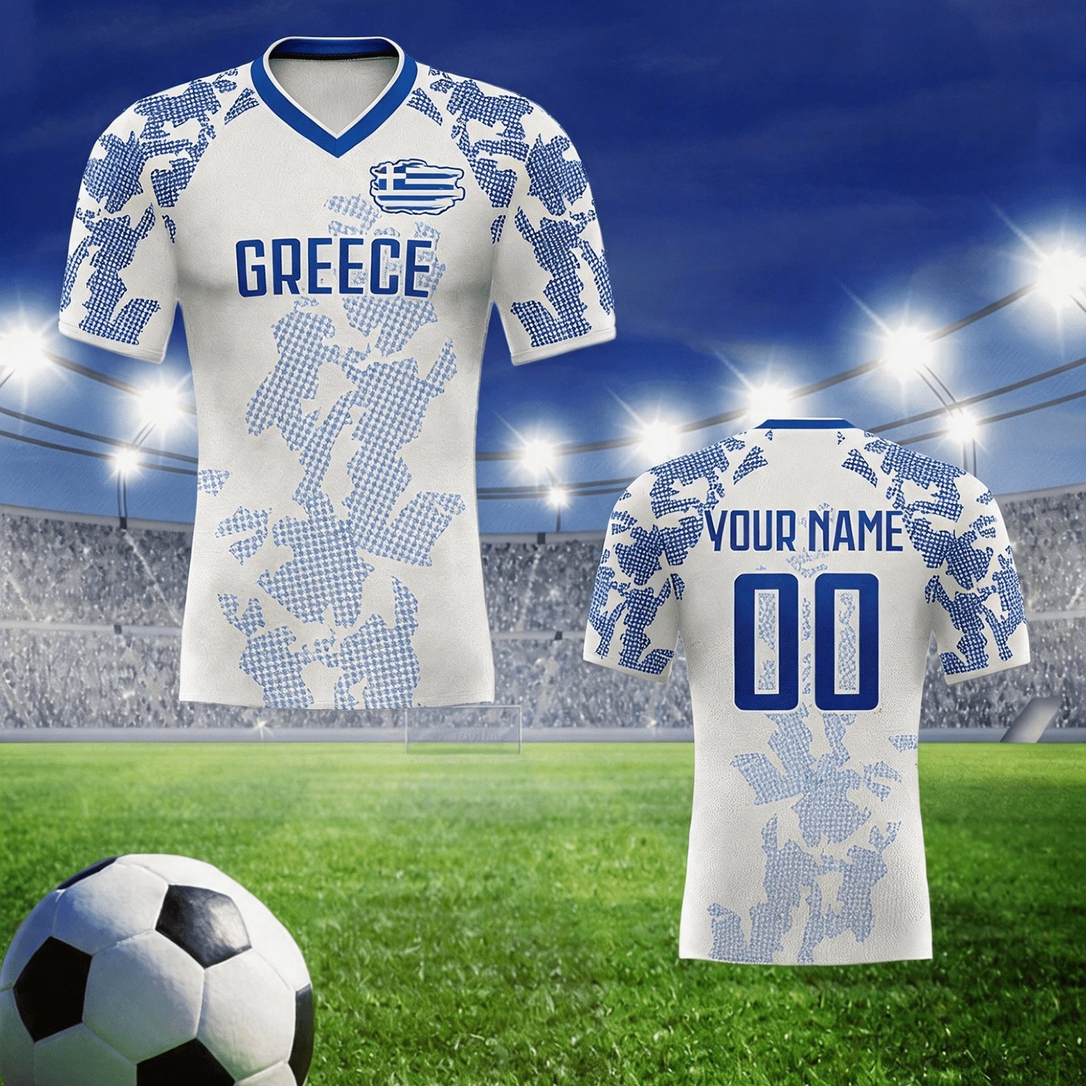 TEMU Men's Custom Greece Graphic Soccer Jersey Printed, Soccer Shirt Personalized , Authentic Tee, Breathable Polyester V-neck Short Sleeve Soccer