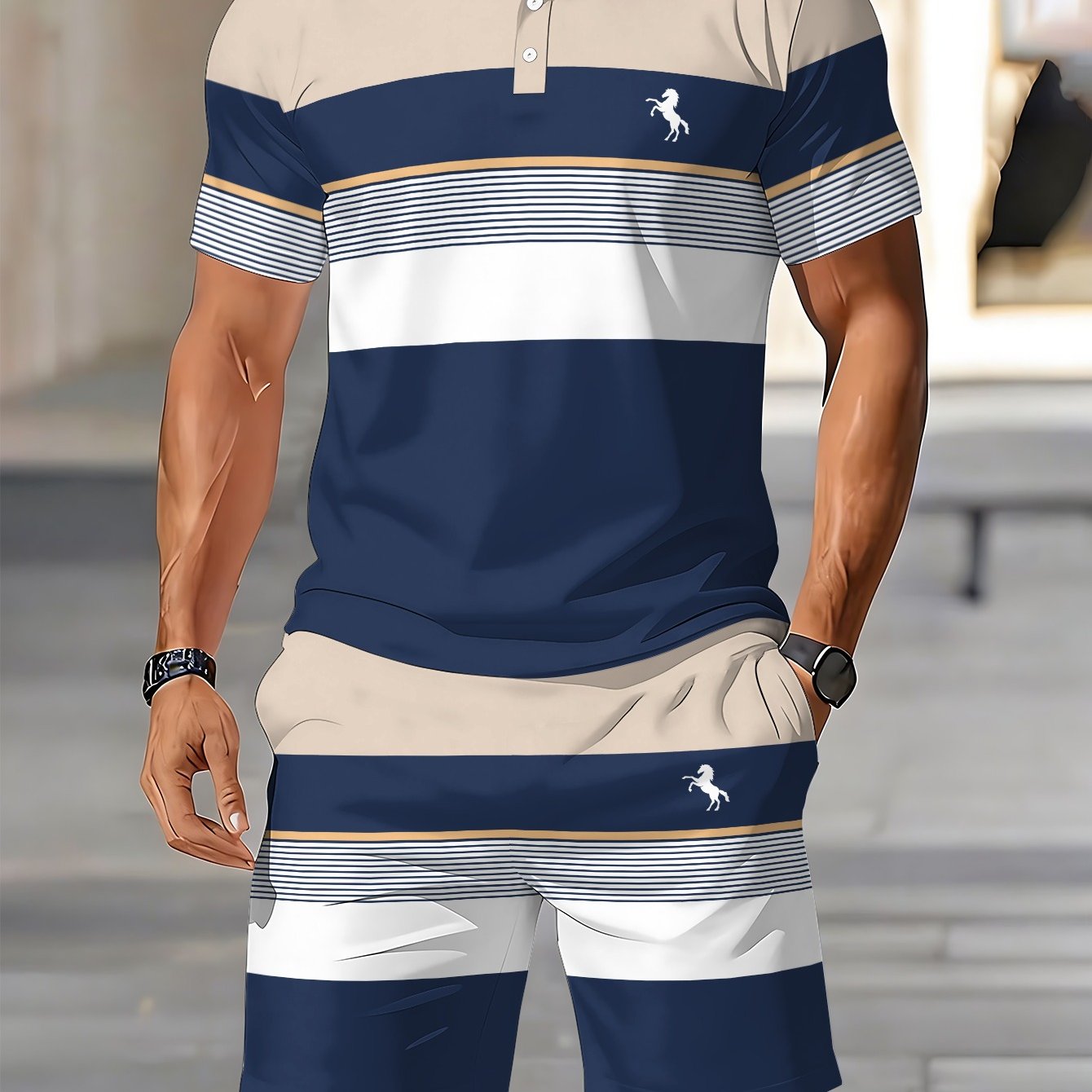 TEMU Men's Shirt Short-sleeve Top And Shorts 2pcs Setmens Summer Casual Stripe Set For Beach, Street Outdoor Use Navy, Beige White, Lightweight,