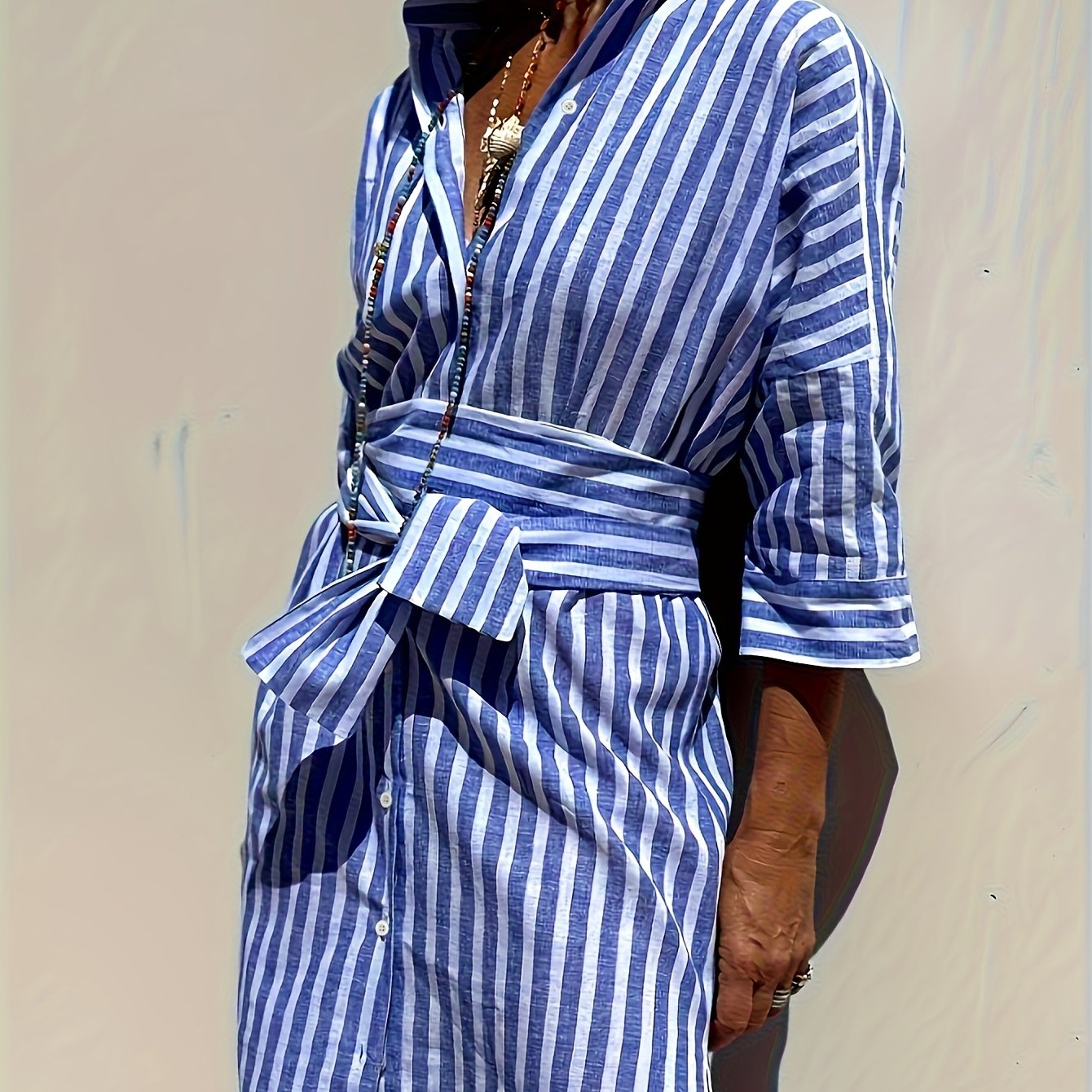 Women's New Luxurious Striped Button-half Sleeve Belt Bridesmaid Dress