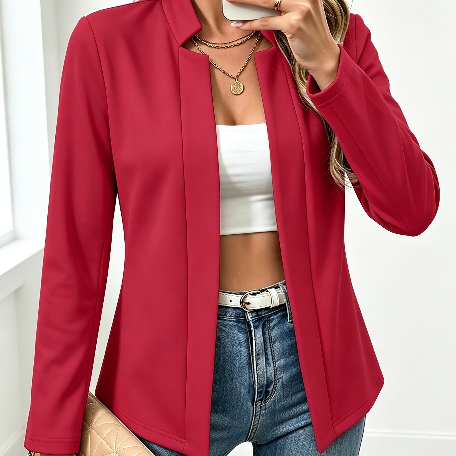 TEMU Autumn Teacher Commuter Suit Women's Easy Elegant Solid Color Long Sleeve Open Front Blazer Office Temperament Versatile Jacket