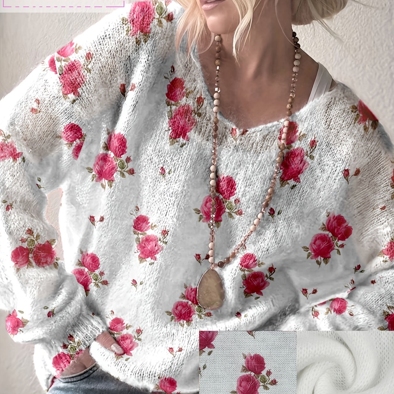 E-shop Damen Weißer V-Ausschnitt Langarm-Pullover mit Rosa Rosen-Print, Bequemer Stil für Freizeit, Vielseitige Oberbekleidung