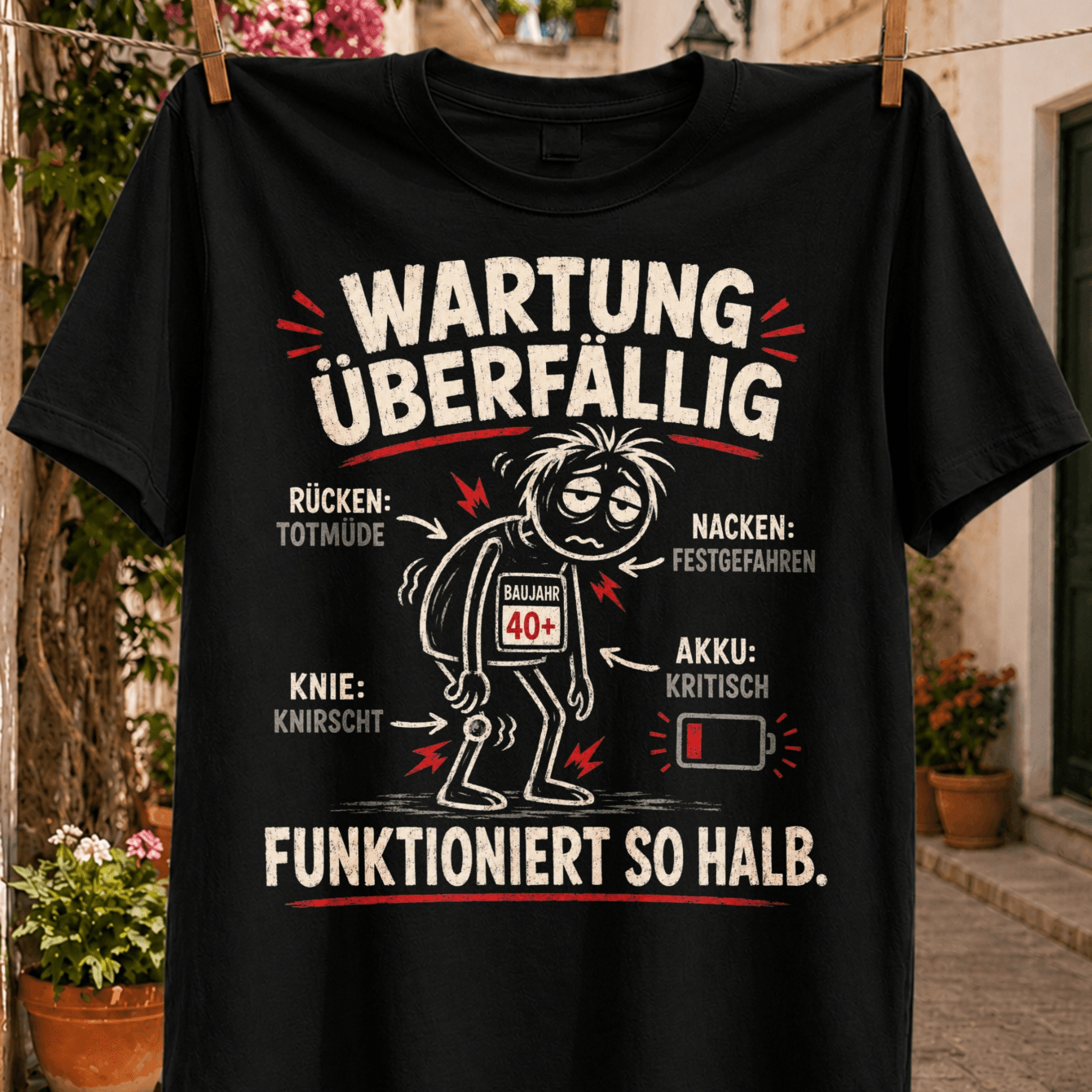 Image of Men's T-shirtwartung Uberfallig Funktioniert So Halb German Humor Error Cartoon And Back Neck Knee Battery T-shirt Unisex All T-shirtplus Size, Plus Size