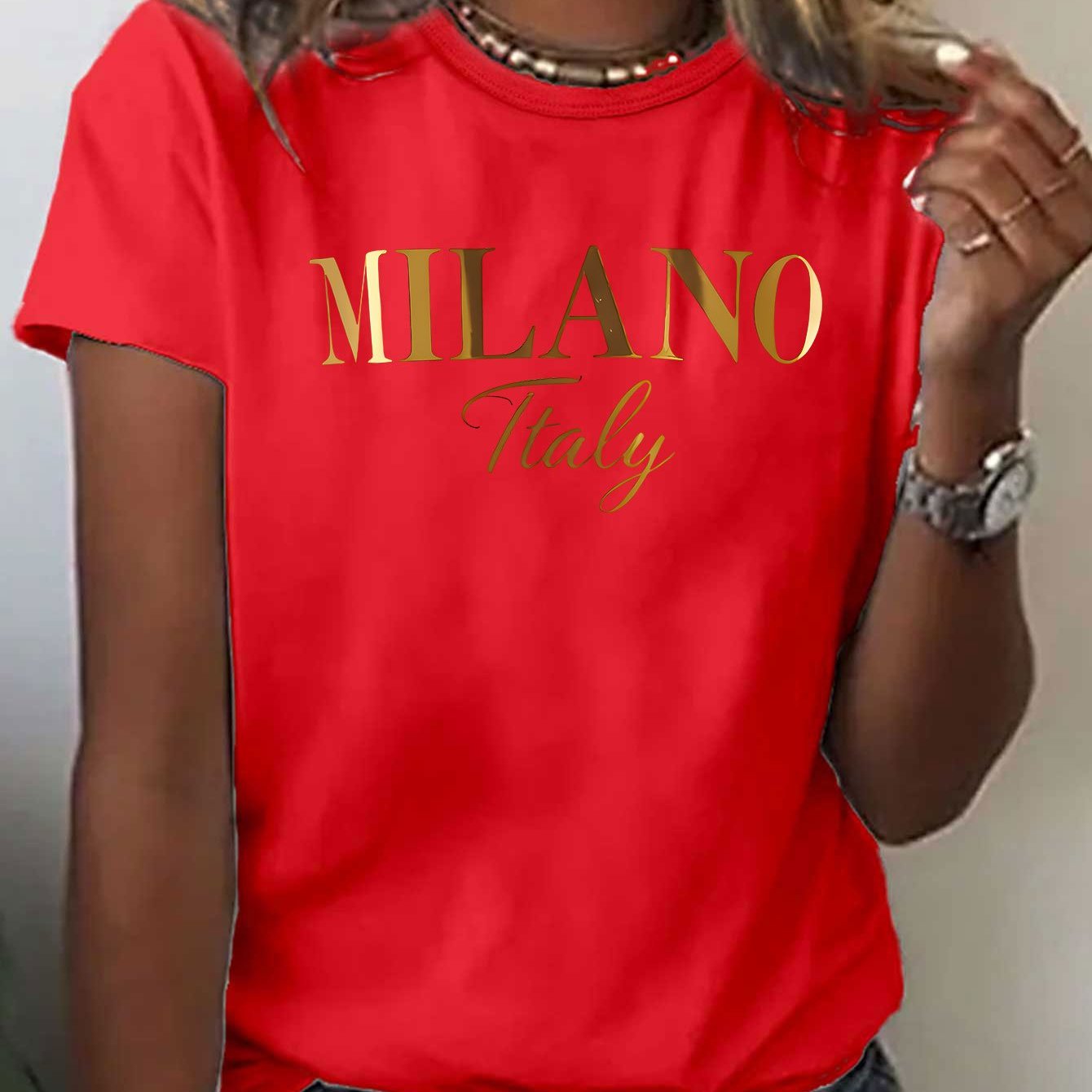 E-shop Golden Letter Bedrucktes T-Shirt, Kurzarm Rundhals Freizeitoberteile für Sommer Frühling, Damen