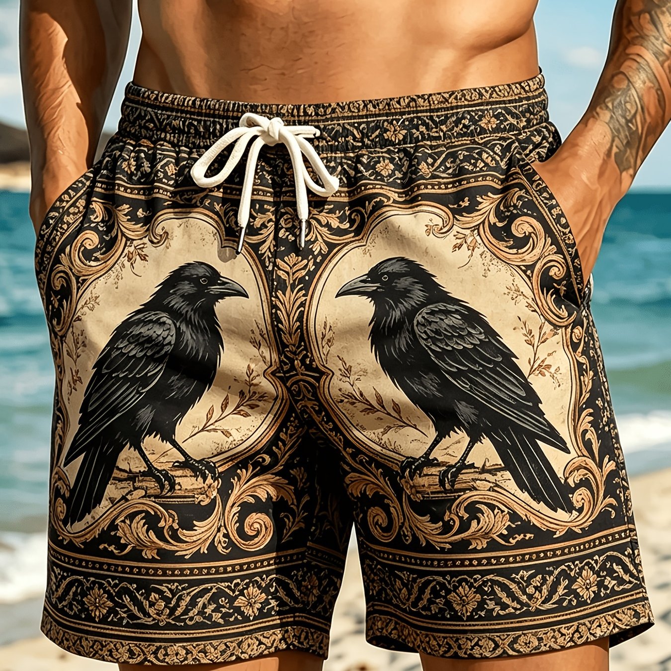 TEMU Men's Beach Shorts, Men's Short Pants, Retro Crow Pattern Print, Athletic Shorts, Thin Shorts, Casual Shorts, Bermuda Shorts, With Pockets And