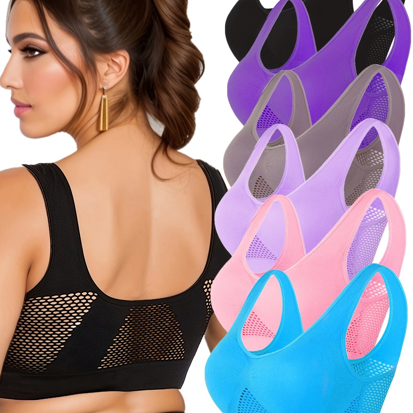 6pcs Plus Size Single-layer Wire-free No Padding Breathable Mesh Women's S Bra For,, And Workouts