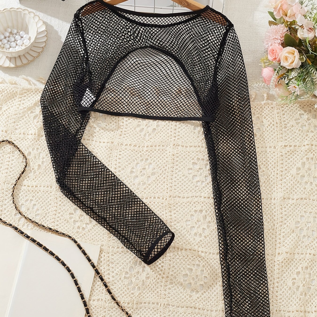 Image of Ladies' Long Sleeve Mesh Hollow-out Cover-up | Sexy Solid Color, Contrast Mesh Detail, Ideal For Spring/summer/fall