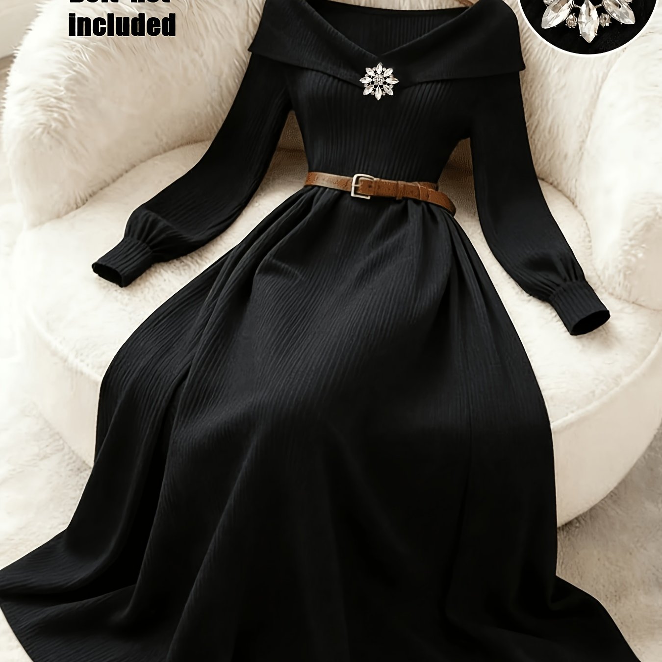 TEMU Women's V-neck Bridesmaid Dress, Waist-cinching Flared Hem, Elegant, Suitable For Evening Dinners And Similar Occasions, Long Sleeves,