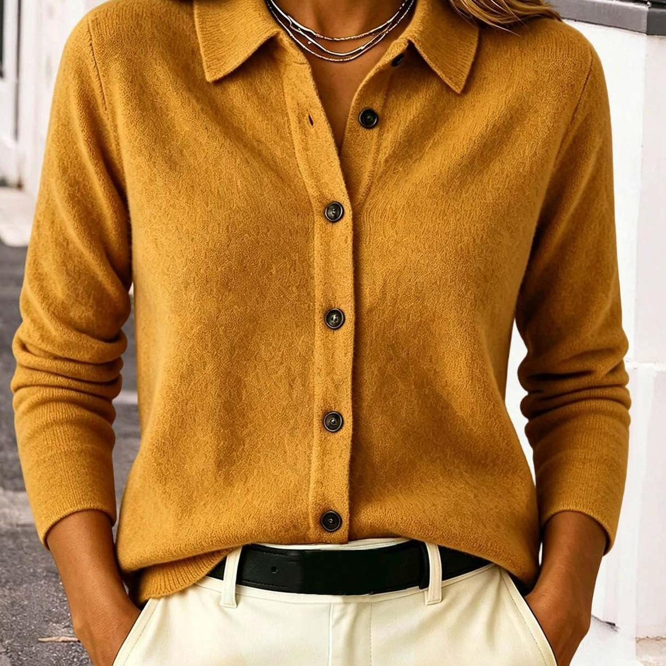 Women' Lapel Collar Button- Shirt, Long Sleeve Soft Cashmere Feel Collared Sweater Blouse For Autumn Wear