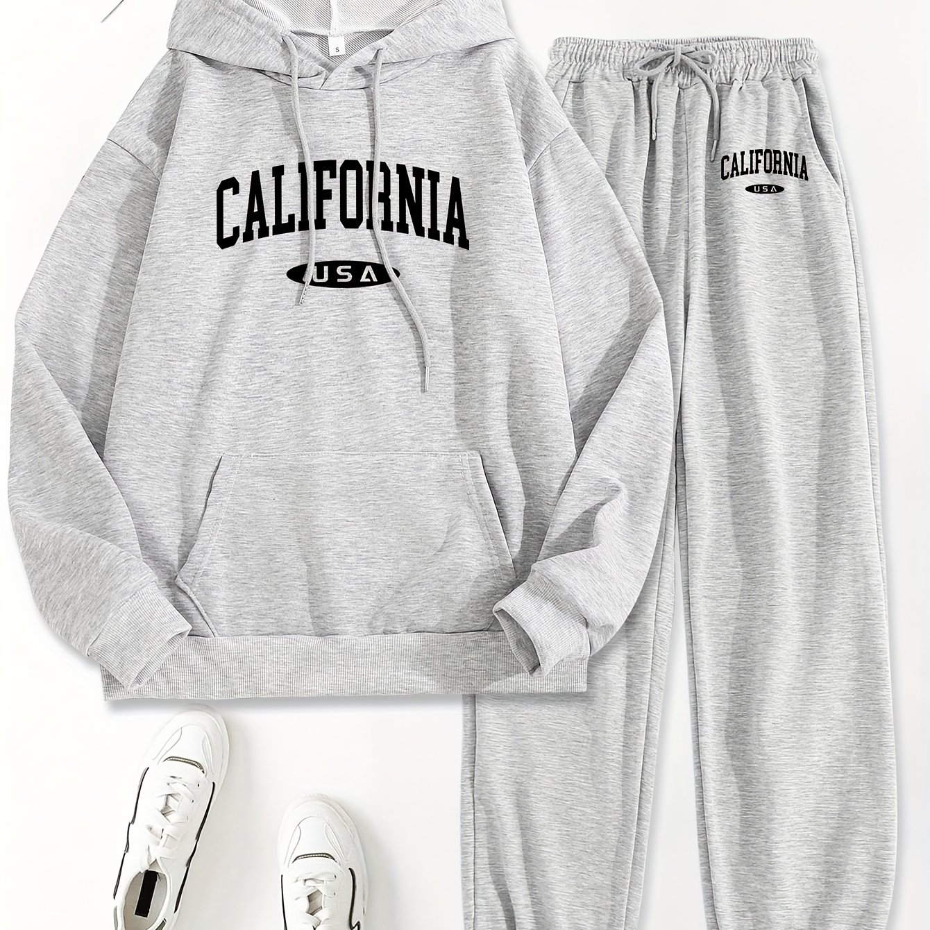 TEMU Sweater Set Pattern Printed Hoodie, Drawstring Casual Hooded Sweatshirt, Autumn/winter Style, Women's Set Clothing