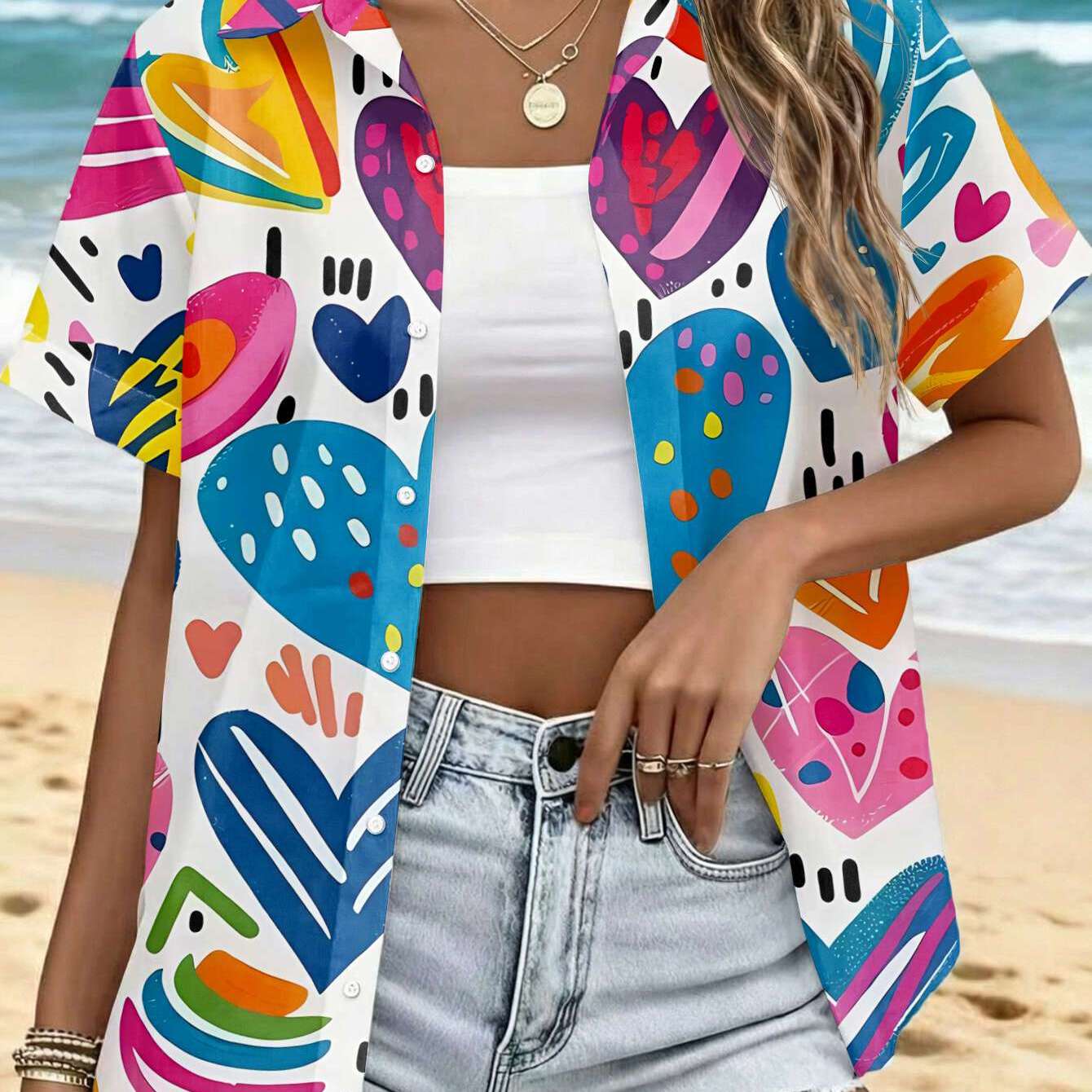 TEMU Camisa casual de manga corta para mujer con un y divertido de corazones coloridos . Top de mujer lavable a máquina, camisa a con botones