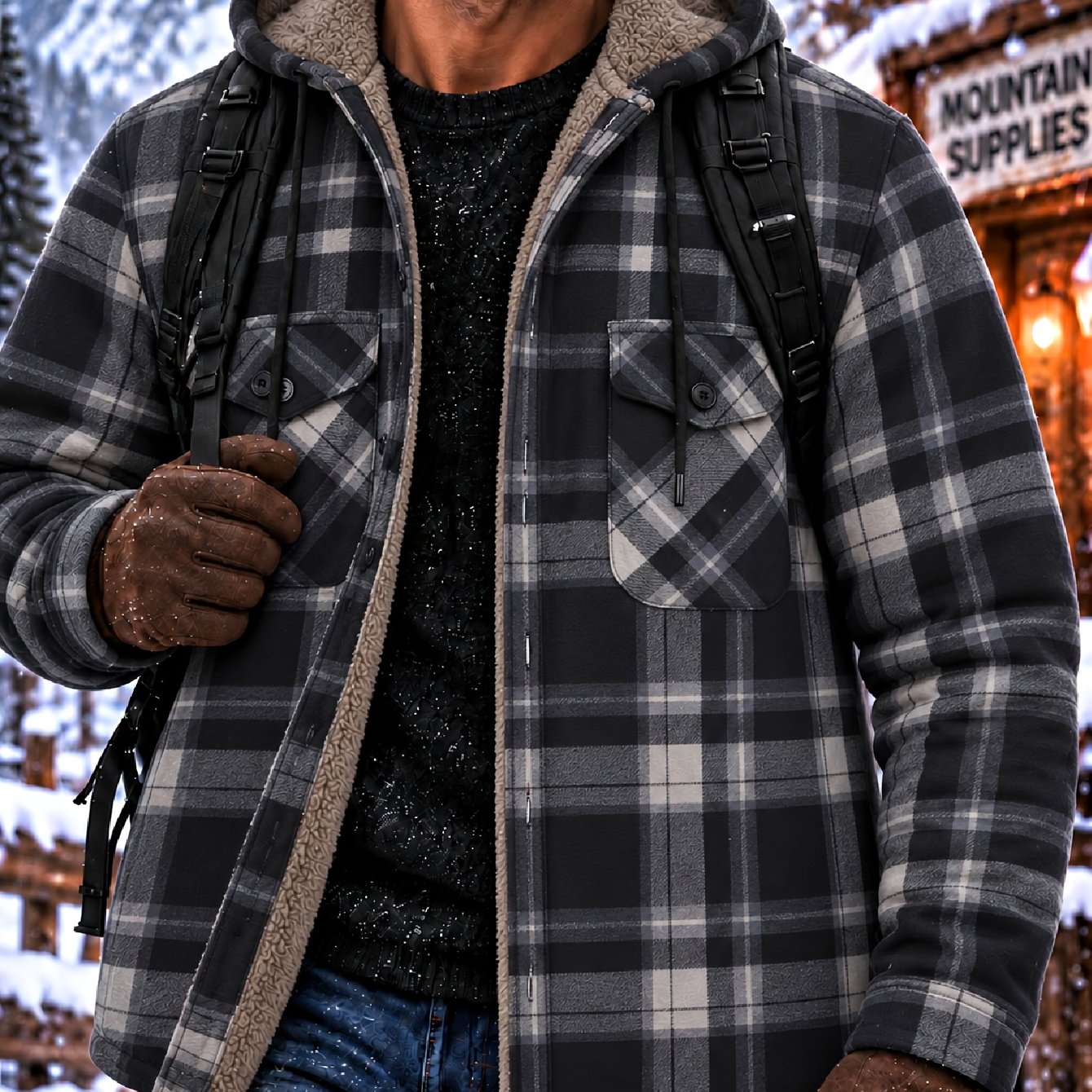 TEMU Veste Homme à Capuche en Fausse Fourrure à Carreaux, Doublure en Polaire, Manteau Décontracté Boutonné, Sweat-shirt, Poche Double au , Vêtement