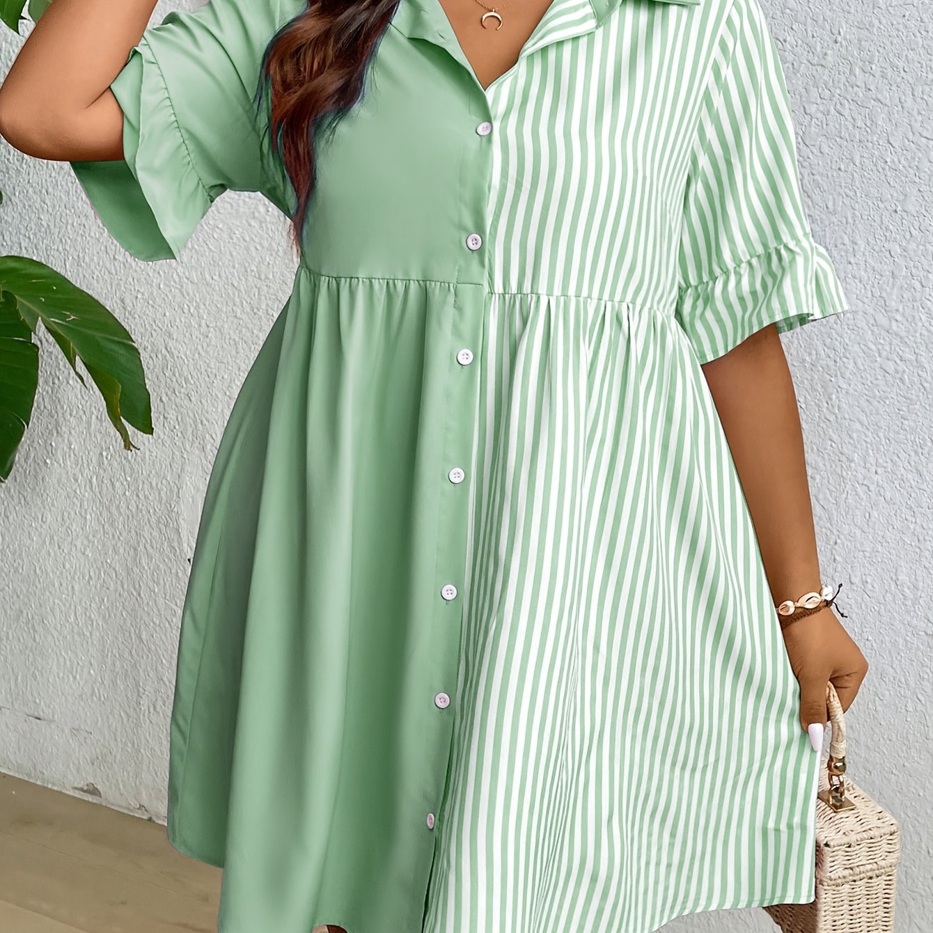 TEMU Plus Size, Plus Size Women's Elegant Cute Solid Color And Striped Mid-length Shirt Dress - Summer Fashion Daily Outfit