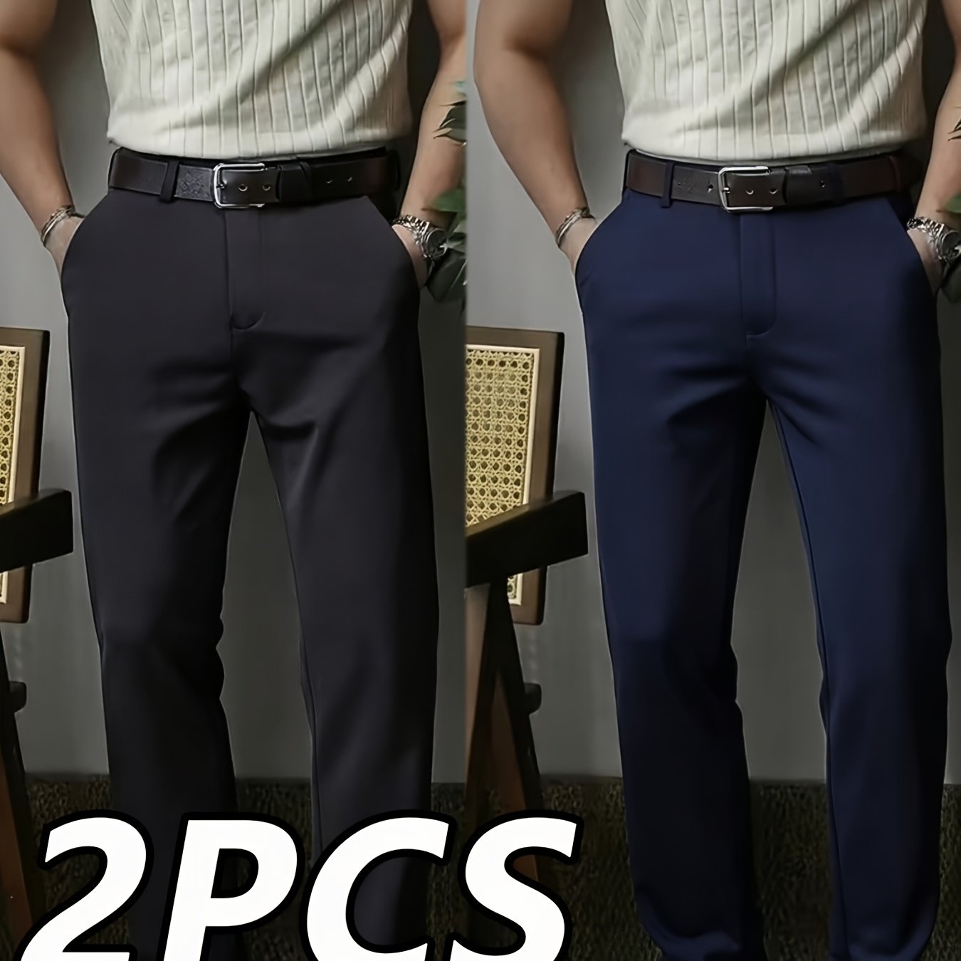 TEMU 2pcs Men's Trousers, Business Casual Long Pants Solid Color Office Stretch All-match Professional Men's Travel