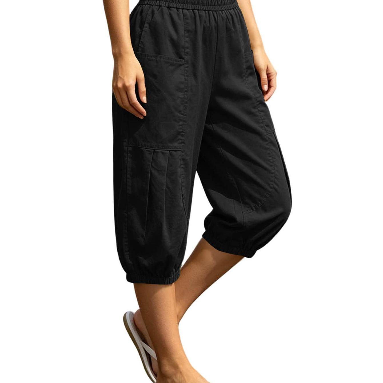 Image of Women's High Waisted Cropped Trousers With Elastic Waistband - 7/8 Length Pants Suitable For Travel,, & Casual Attire, Solid Color Casual Capri Pants, -free For Spring Summer Fall Outfits