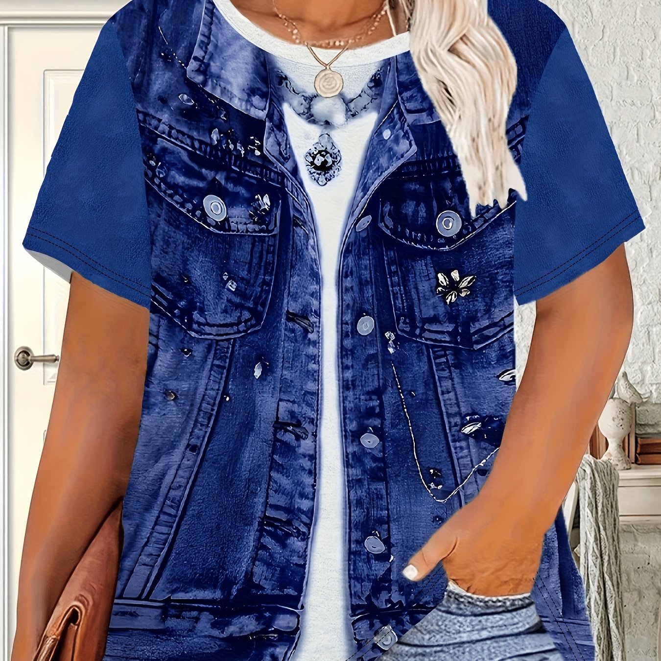TEMU [ Denim] Padded - Casual Vacation Comfortable Fashion Denim, Printed Design Women's Round Neck Short Sleeve T-shirt