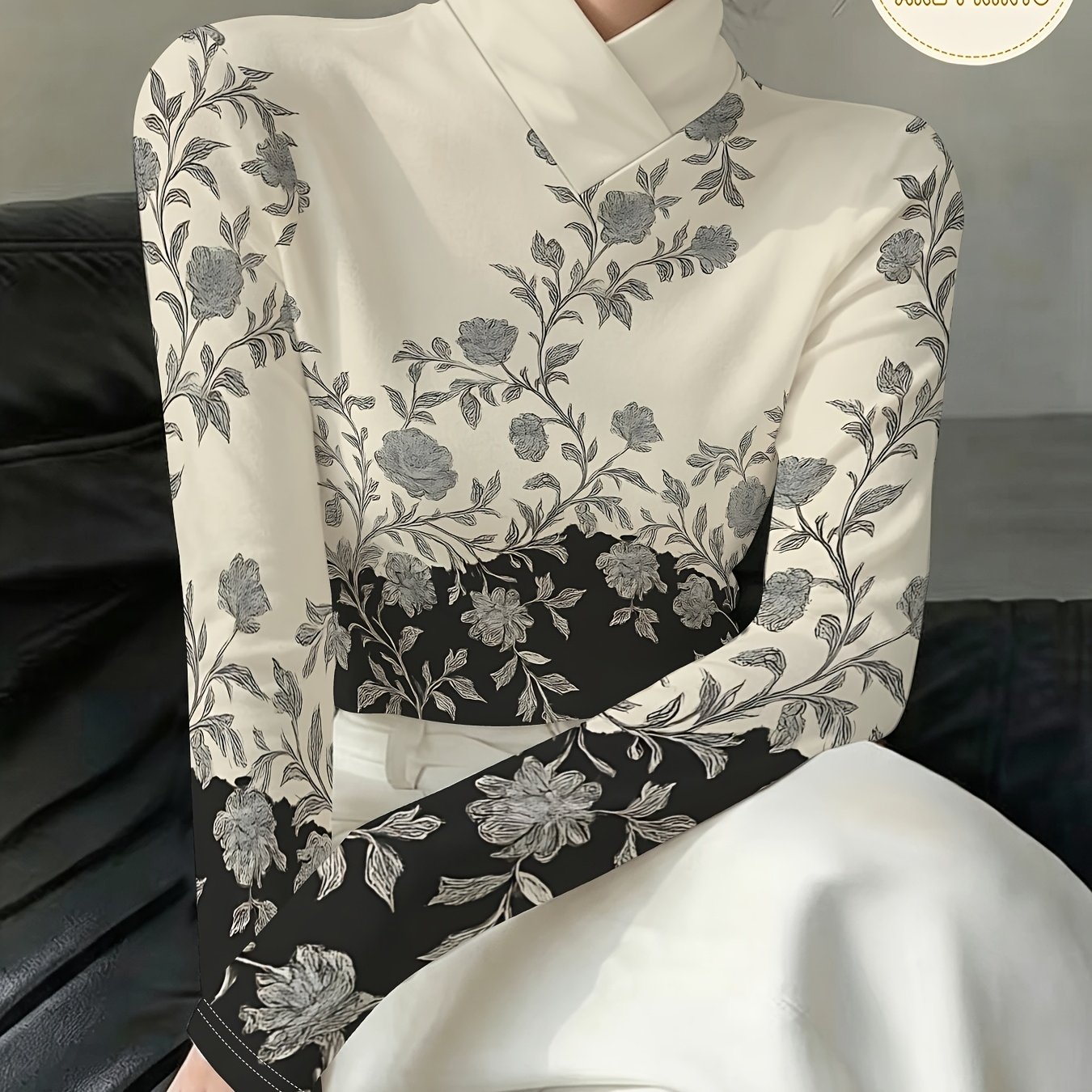 TEMU Creamy White Sketch Floral Vine Full Print Long Sleeve T-shirt, Women's Cross High-neck Slim Short Top For Layering, Festive Warm Base Layer