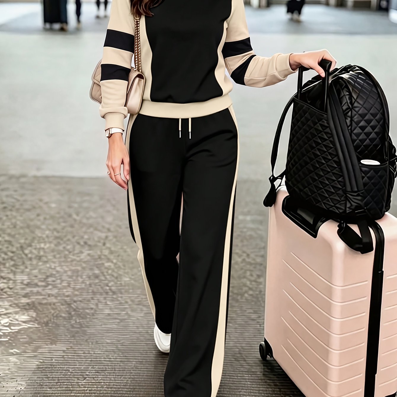 TEMU Women's Fashion Casual Color Block Pants Set For Spring And Autumn