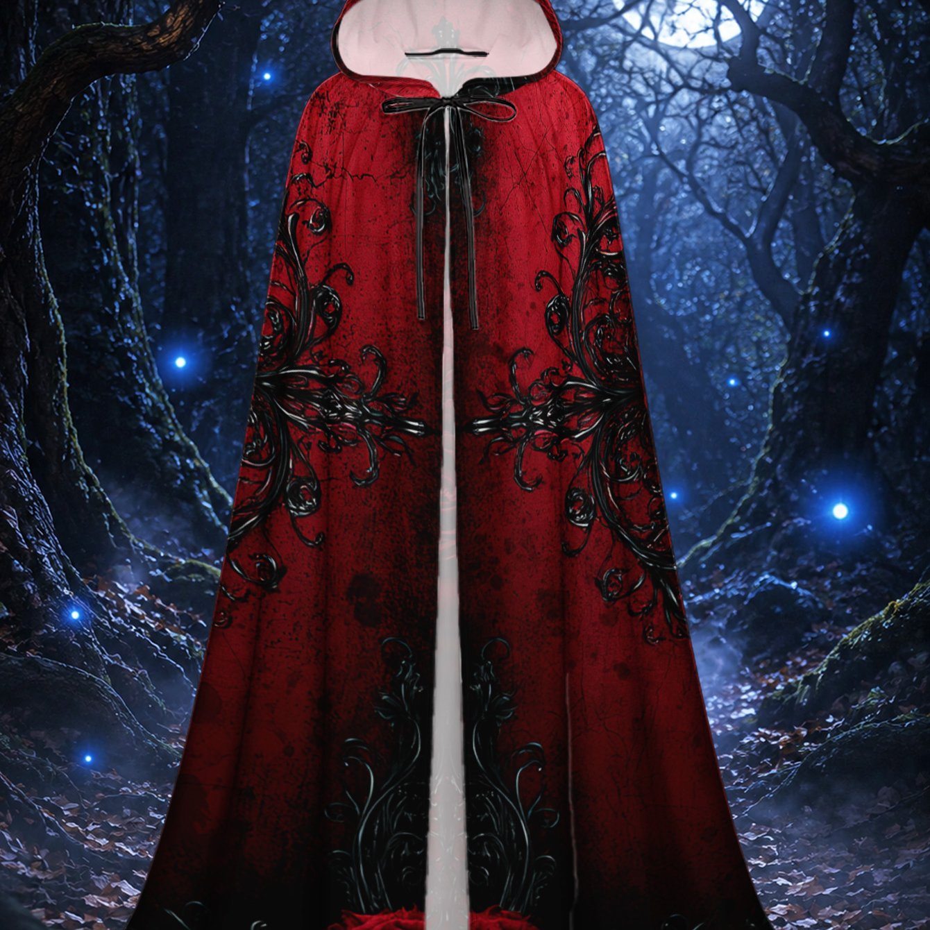 TEMU 1pc, Hooded Polyester Cloak With Red Rose And Black Vines Pattern, Adult Long Cape For Halloween And Christmas Theme Dress Up, Suitable For