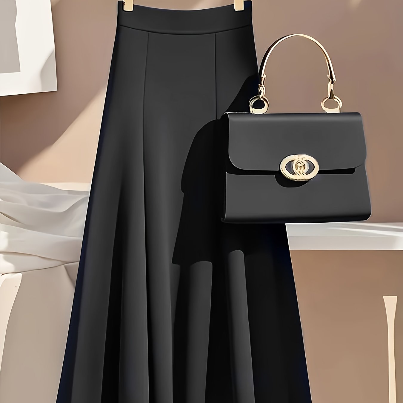 Image of Stylish New High-waisted A-line Dress With Draping Effect, Solid Color Midi Skirt For Women - Suitable For : Spring, Summer, Autumn, And Winter