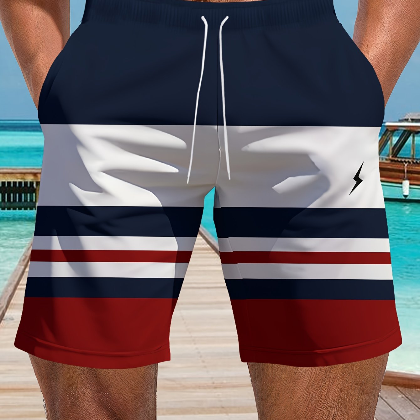 Image of Men's Fashion Geometric Print Summer Shorts - Breathable Polyester With Drawstring, Casual Regular Fit, Machine Washable - Ideal For Outdoor Activities And Fitness