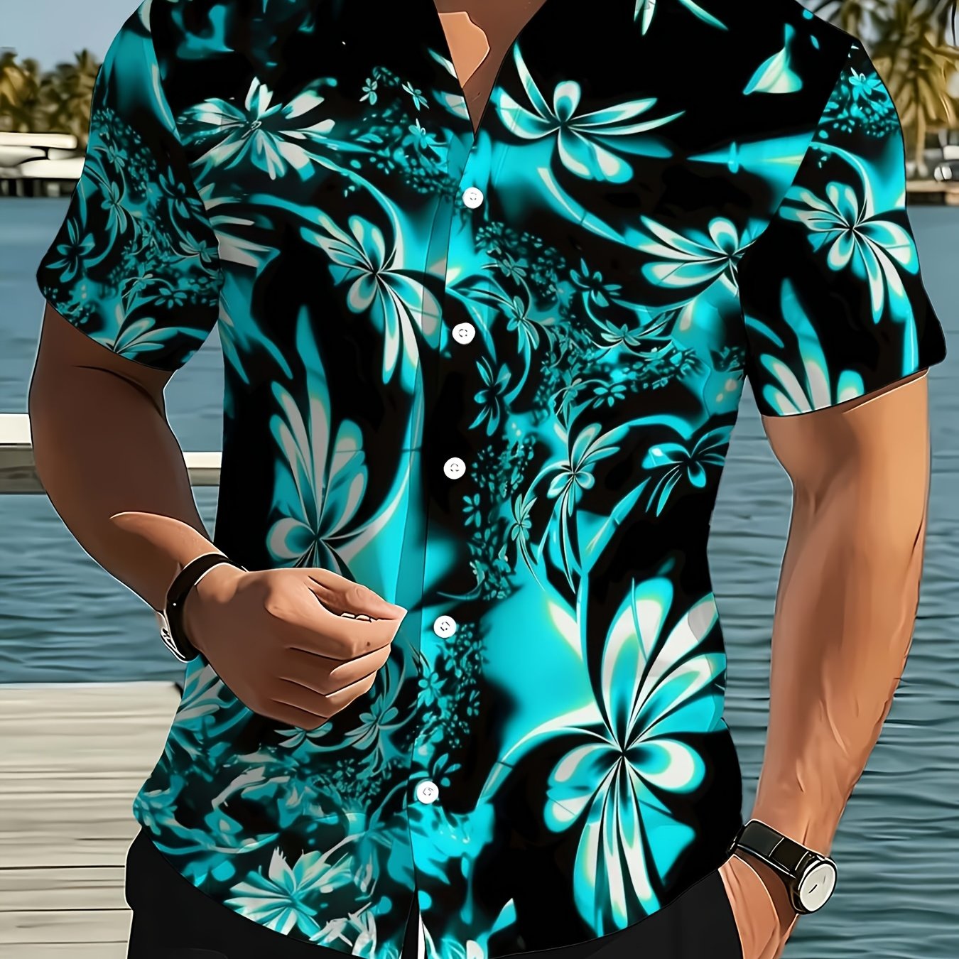 TEMU Men's Button- Shirt With And Hawaiian Gradient Colors, Perfect For Spring And Summer Holiday Wear