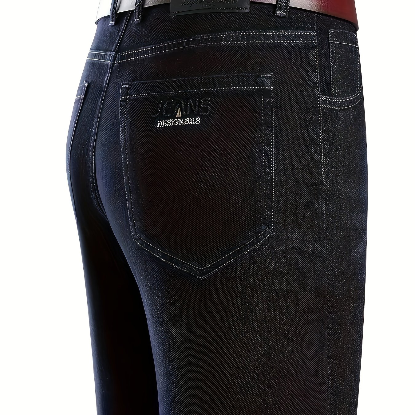 TEMU 2025 's Plus-size Thickened Casual Jeans, Featuring A Print "" Pocket Lettering, Mid-rise Regular Fit, Comfortable For , In Of Casual Wear,