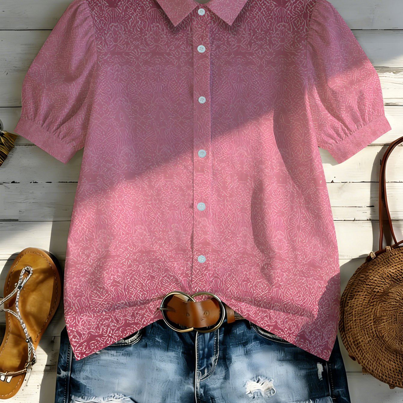 TEMU 1pc Pink Short-sleeve Blouse Shirt - Collar T-shirt Suitable For Daily Commuting, Campus, Beach Vacation, Full-body Print Breathable Summer Top,
