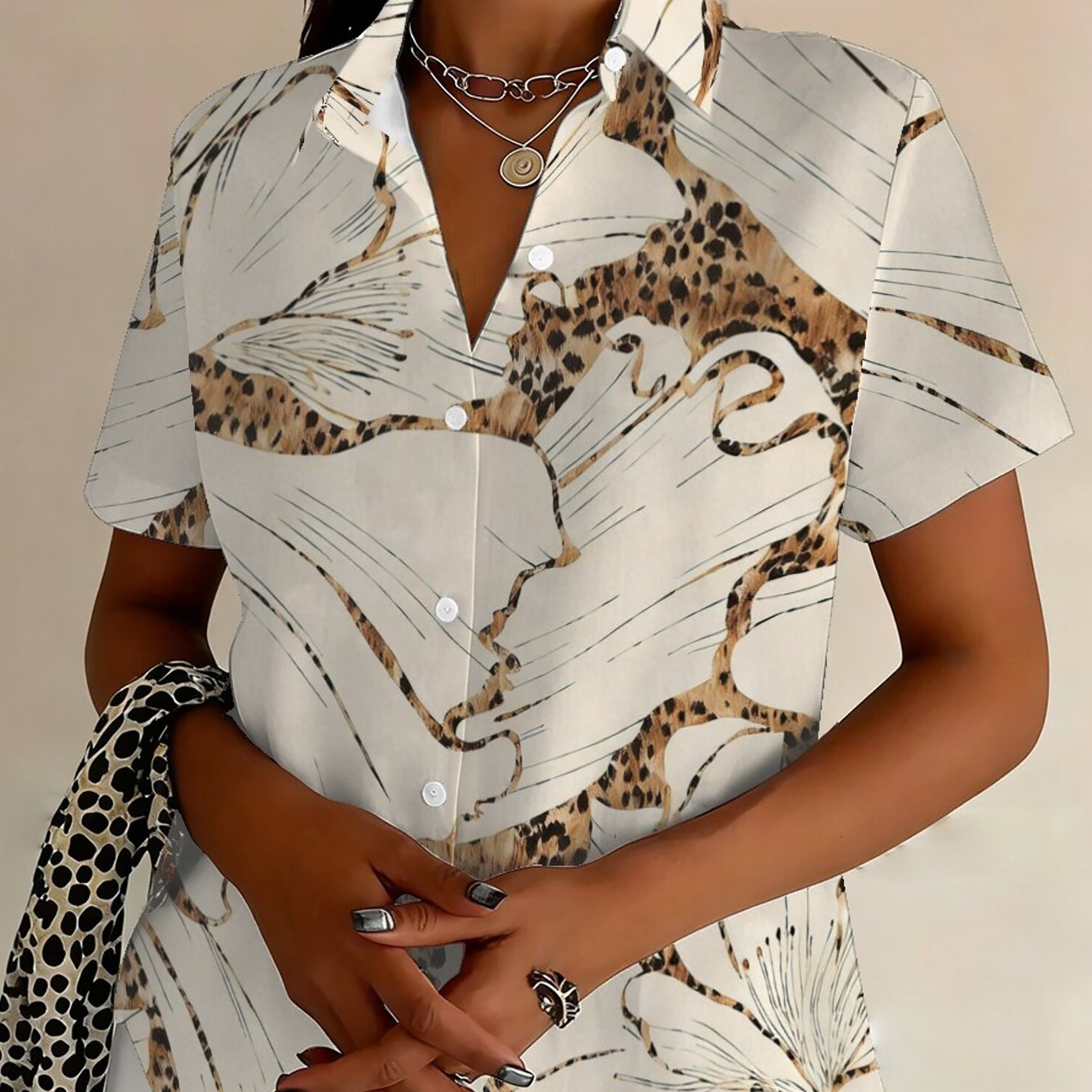 TEMU Plus Size - Plus Size - Women's Casual Leopard Print Short Sleeve Button-up Shirt | Oversized Fit, Fashionable Lapel Collar, Ideal For Weekend