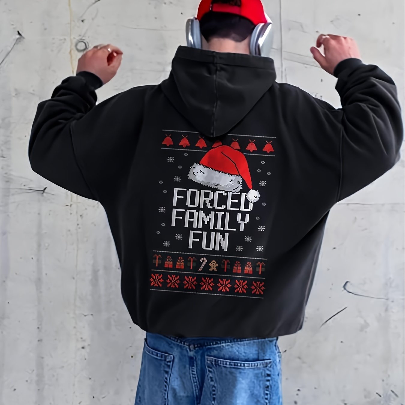 TEMU Forced Family Fun Christmas Sarcastic Santa Hat Design With Pocket Hooded Men Fall Winter Season-unisex 2026 Couple Sweater Hoodies