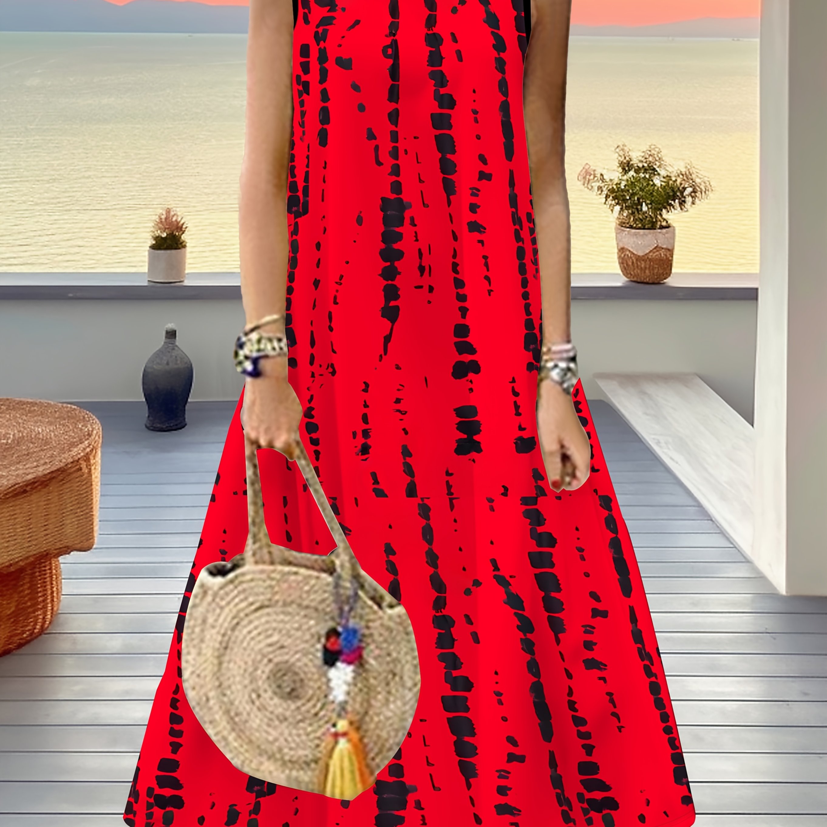 Plus Size - Plus Size - Women's Fashion Vacation Geometric Graffiti Print Vest Flared Dress