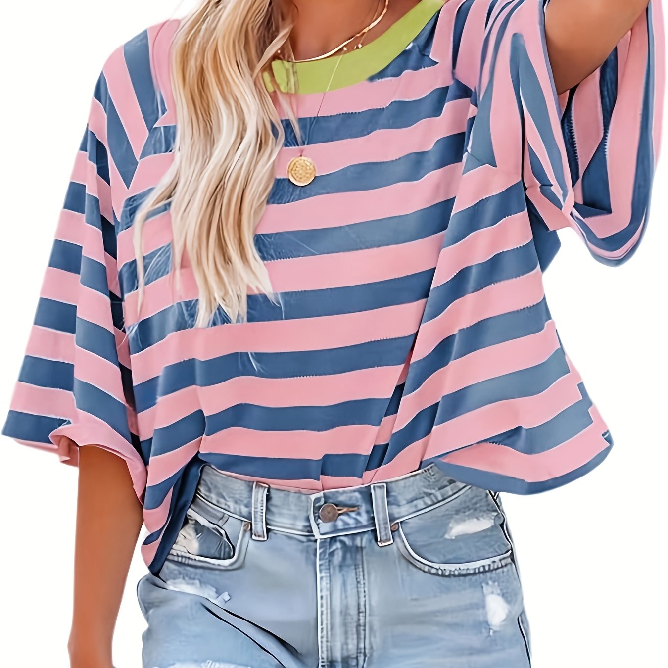 E-shop Modisches Damen Freizeit T-Shirt mit einfachen Streifen, Rundhalsausschnitt und kurzen Ärmeln, locker geschnitten, geeignet für den Sommer